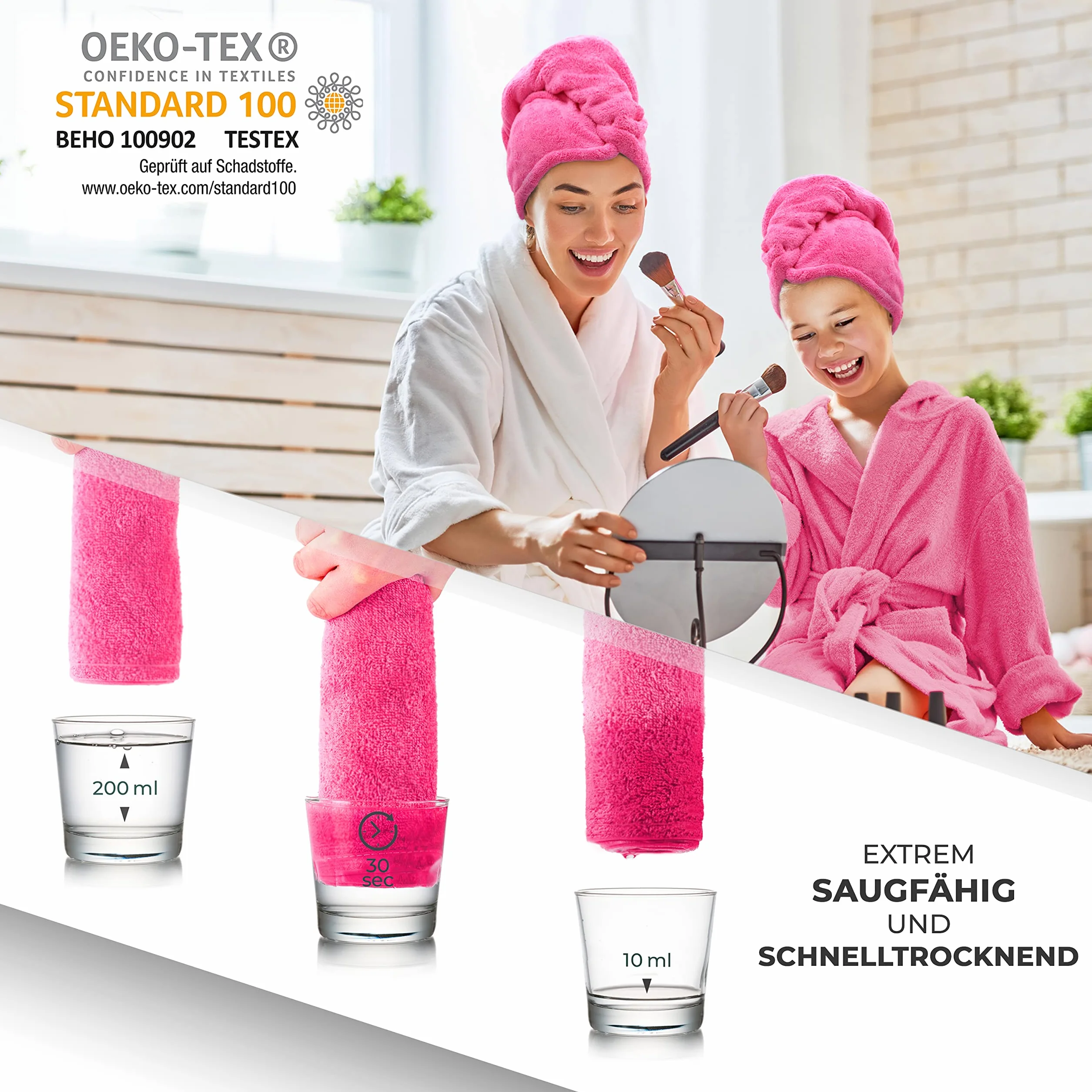 Gräfenstayn Set di 3 Asciugamani per Capelli in Microfibra con 2 bottoni - Asciugamano a turbante ad asciugatura rapida e assorbente - per capelli corti e lunghi (Fucsia)