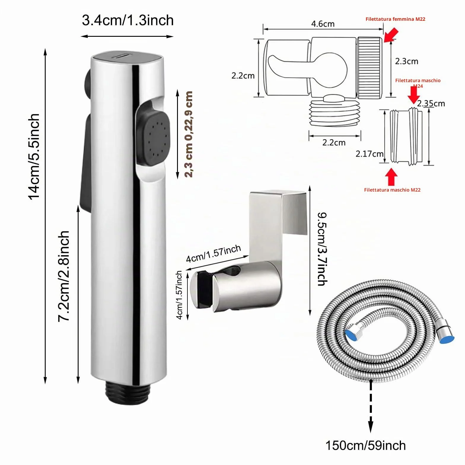 Bidet Portatile Kit Doccetta ABS Spruzzatore Bidet WC Doppia Modalità con Deviatore Doccia 2 Vie Tubo Flessibile 150 cm