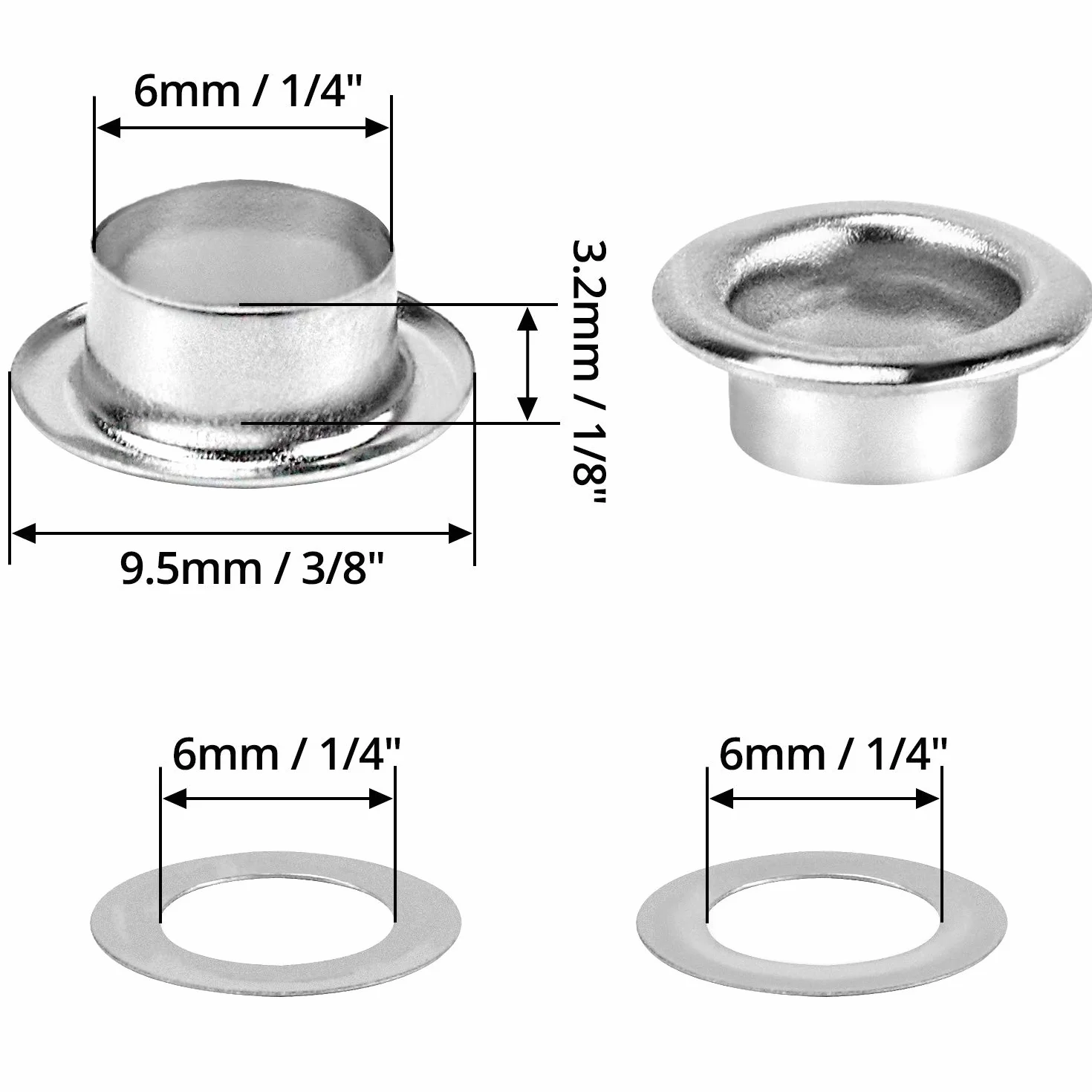 QWORK Occhielli Rondelle Kit 6 mm, 1000 sztuk, do butów, skóry, tkanin, pasków, rękodzieło, srebrny