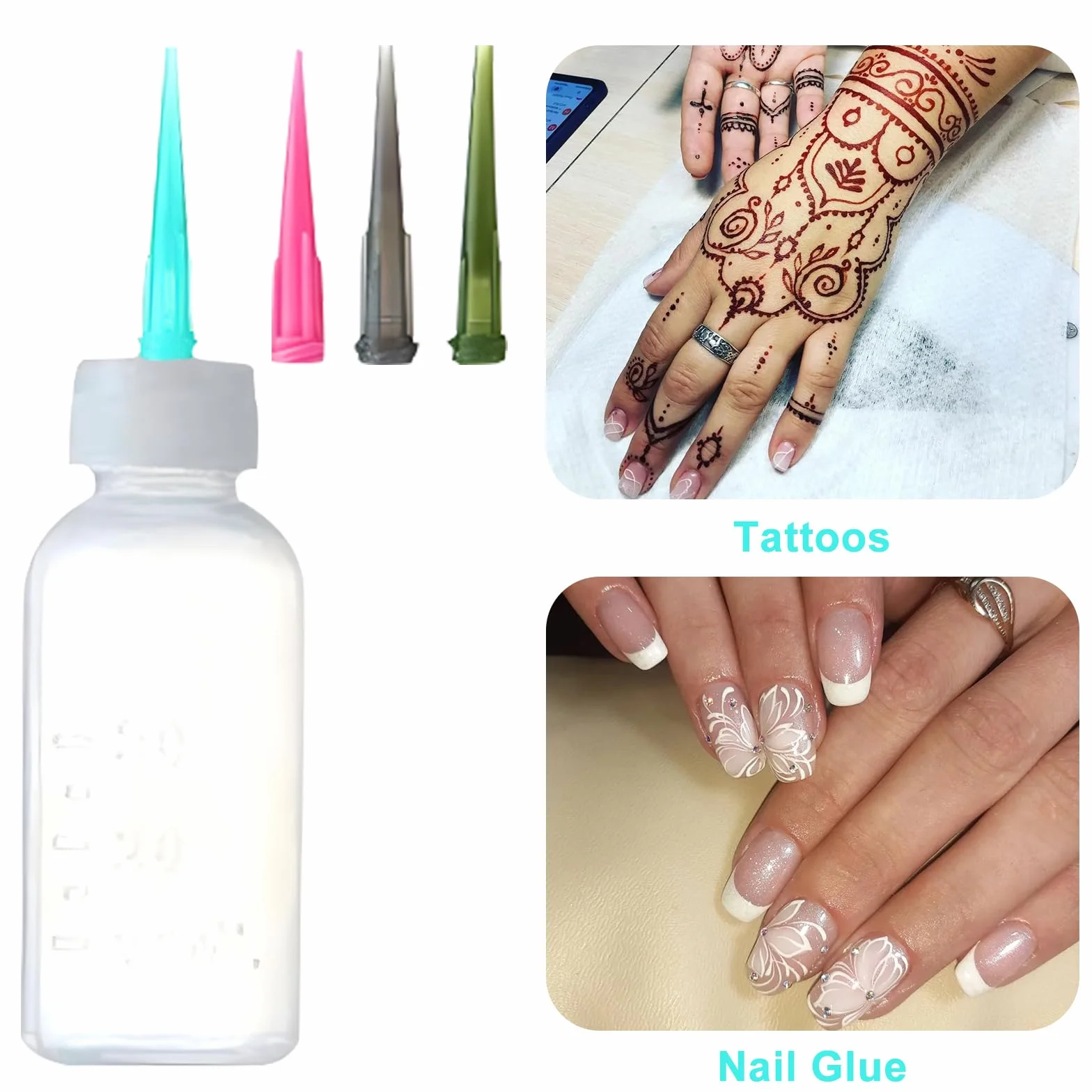 CAILI Bottiglia di plastica del tatuaggio,Tip Precision Applicator Set bottiglie Contiene 2 bottiglie applicatori vuote con 16 aghi Suggerimenti