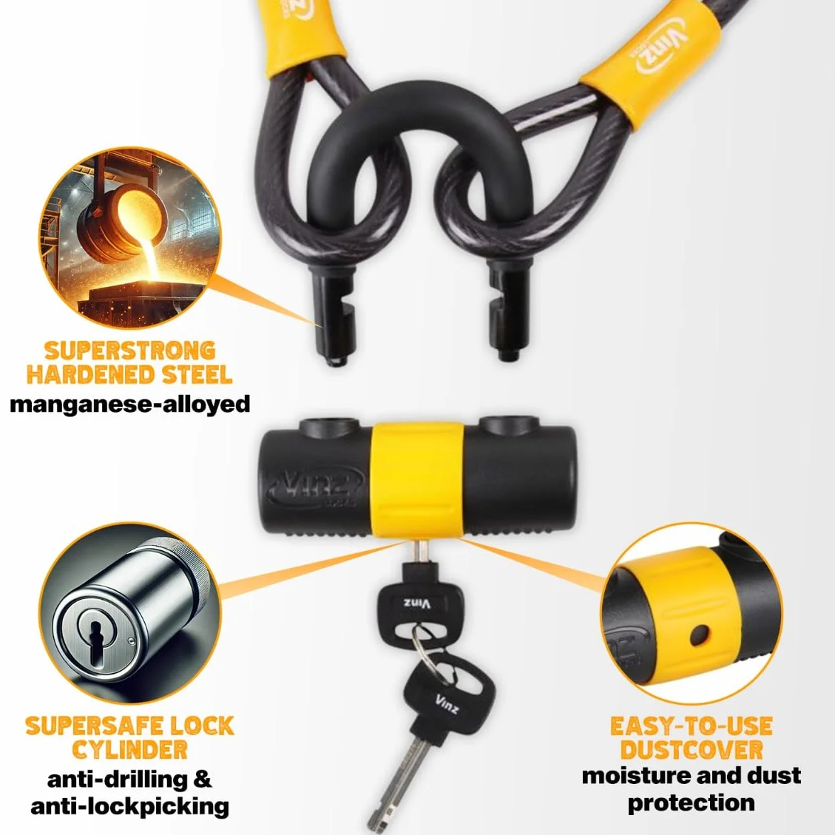 VINZ Kinabalu Cavo antifurto in acciaio Ø 12 mm 5 m con serratura rivestita in plastica