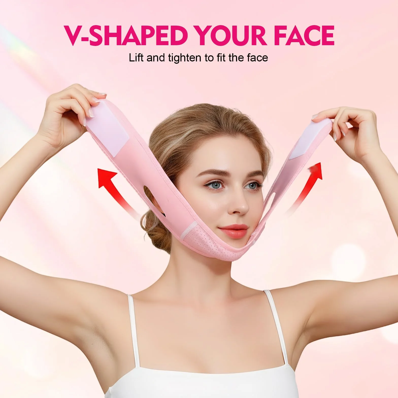 Maschera V Facciale Riutilizzabile,Fascia Lifting Mentoniera Antirughe,Riduttore Doppio Mento con Effetto Snellente Viso,Fascia Reggente per Rassodare il Contorno Viso e Mento,Pink