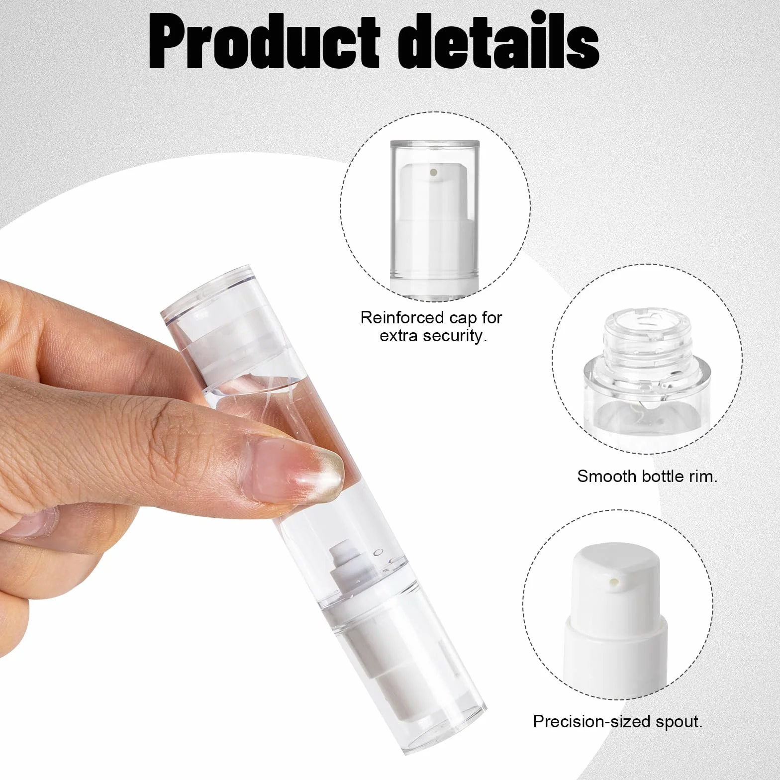 Leikedun 10 flaconi vuoti a pompa airless da 10 ml, ricaricabili, trasparenti, da viaggio, contenitori per cosmetici, con adesivi, per fondotinta, essenza, crema, lozioni, articoli da toeletta