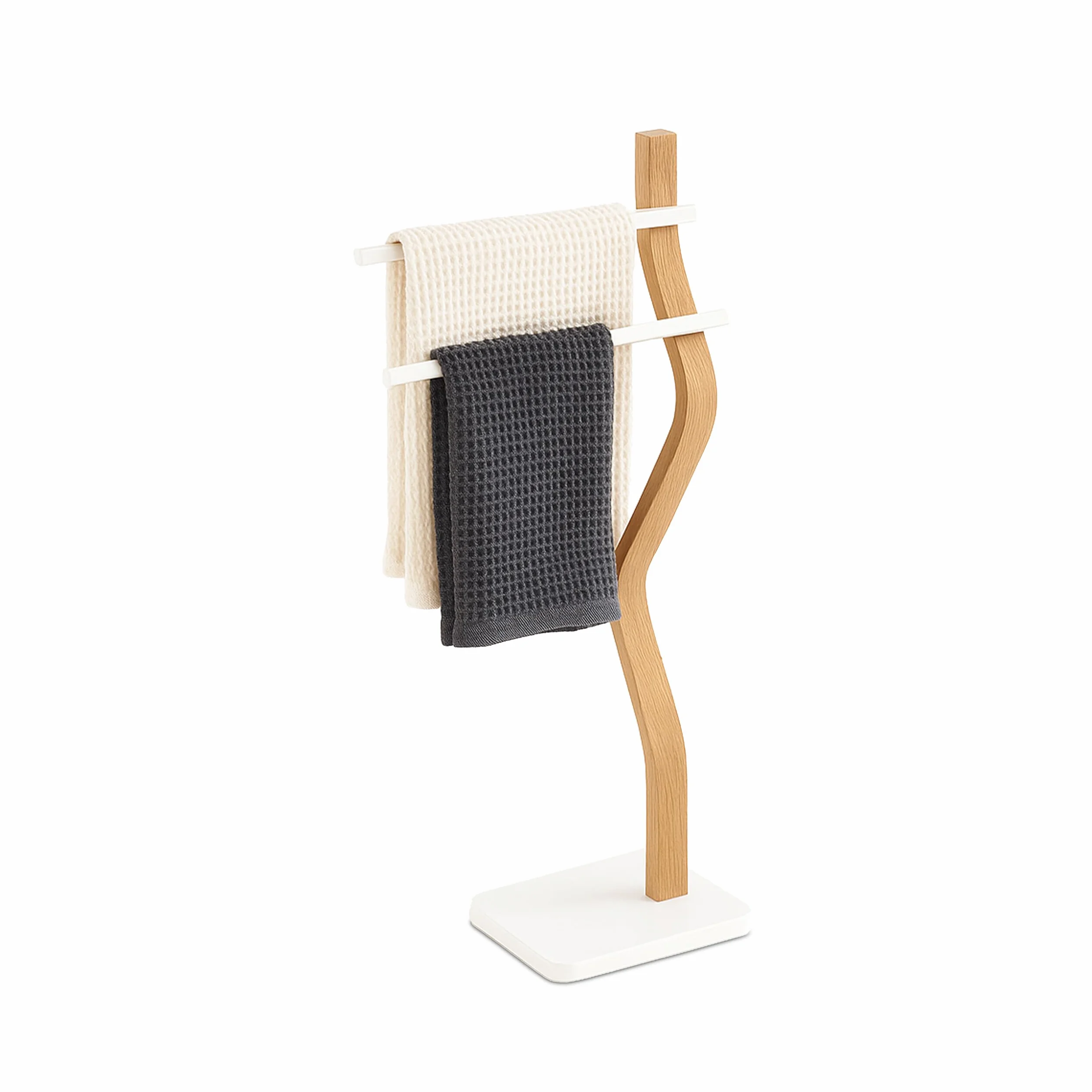 Relaxdays Portasciugamani a 2 Bracci Sfalsati Piantana da Bagno 86x37x18 cm Ferro Legno Bianco