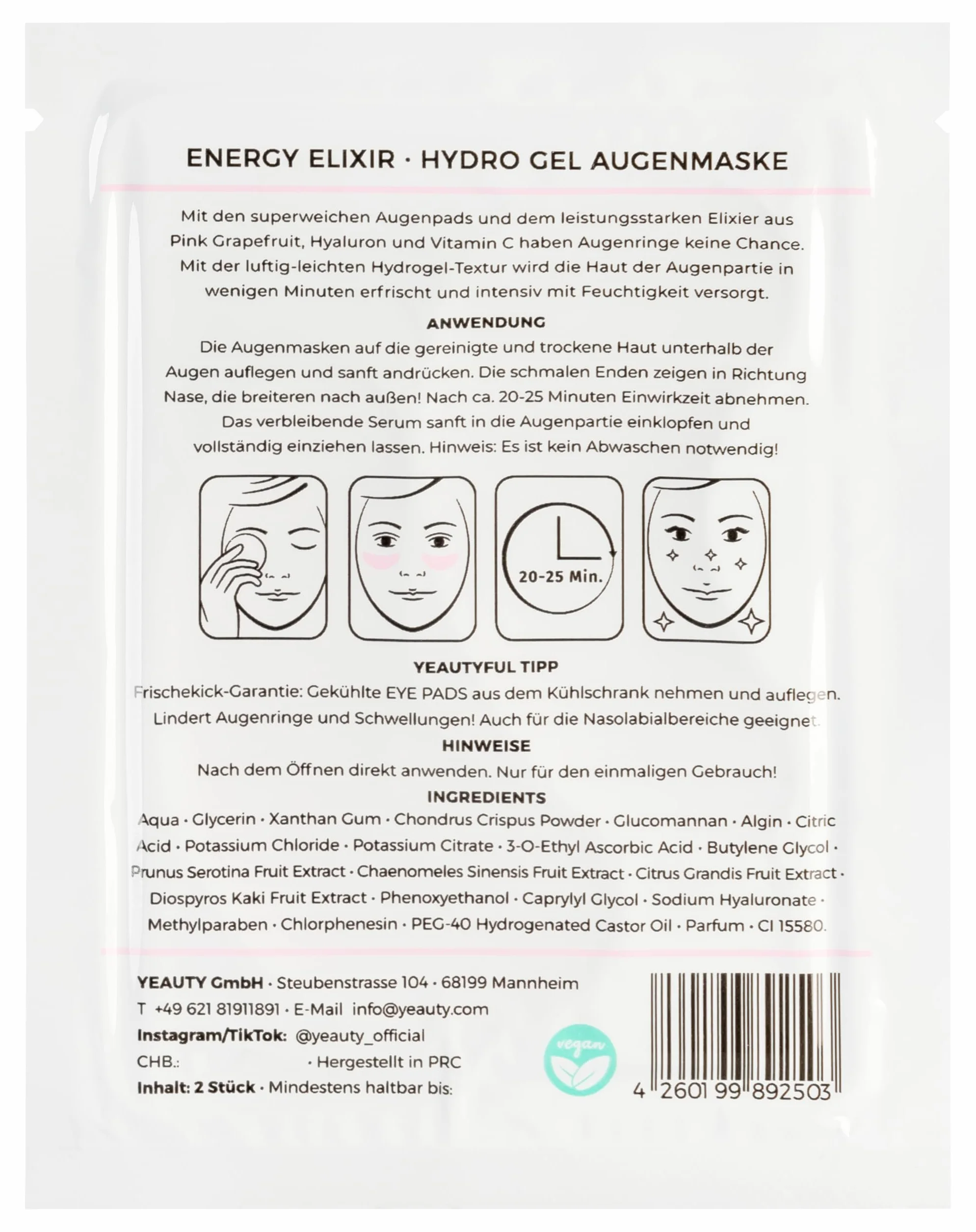 YEAUTY ENERGY ELIXIR EYE PAD MASK, i cuscinetti per gli occhi super morbidi con il lussuoso siero anti-invecchiamento di vitamina C, acido ialuronico e pompelmo rosa, riducono le occhiaie e leviga la