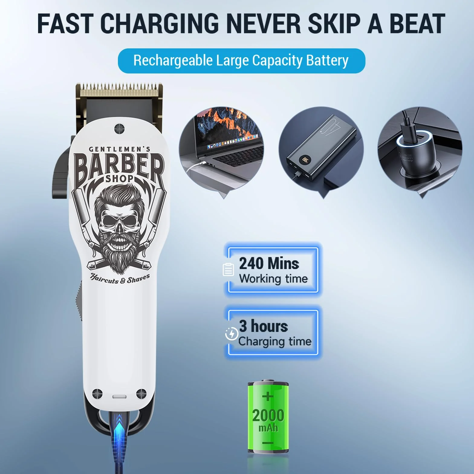 BESTBOMG Tagliacapelli Uomo Professionale Regolabarba Uomo Tagliacapelli Elettrico Ricaricabile con Pettine di Precisione 2000mAh Batteria Ricaricabile per Bambini Adulti Anziani Pet Salone (Bianco)