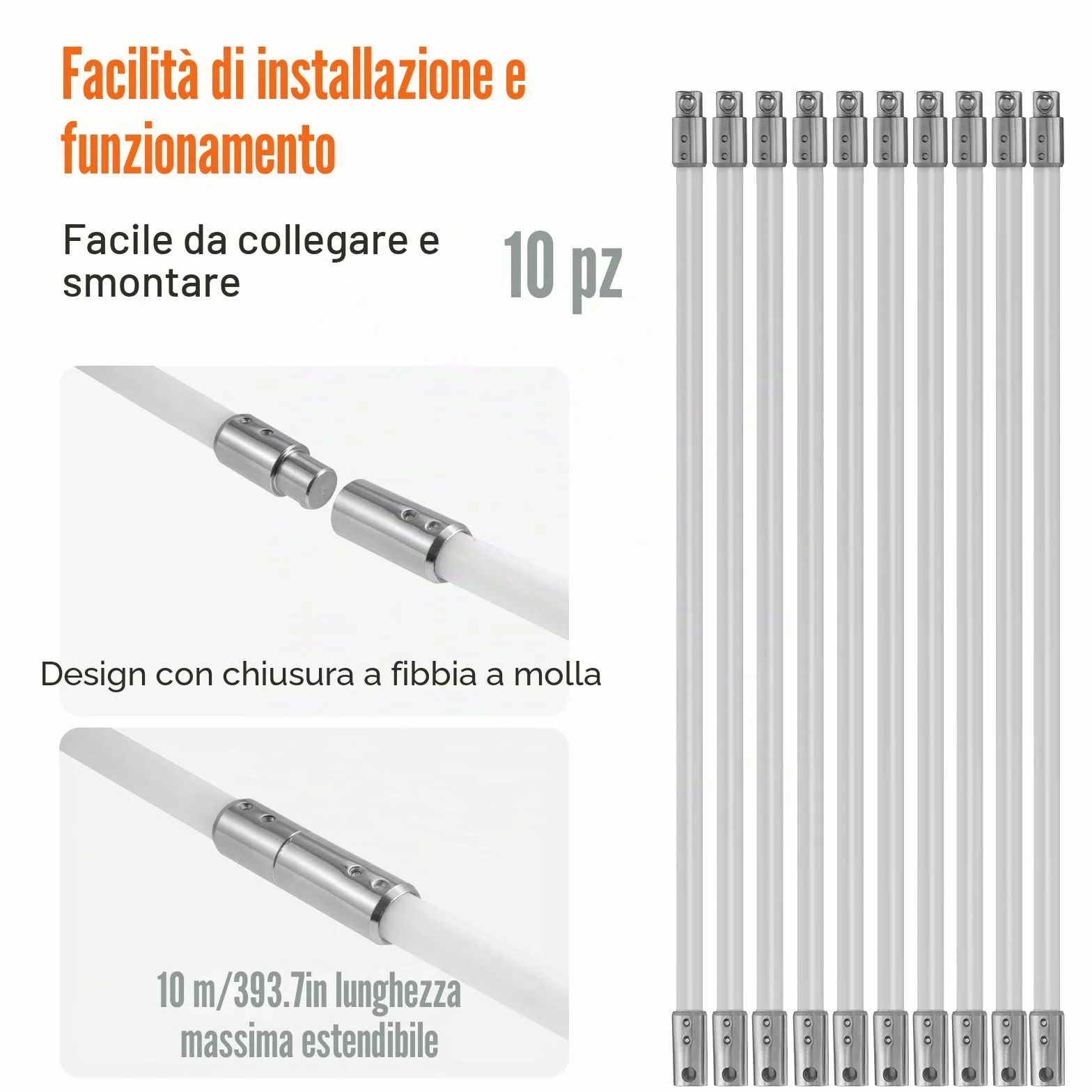 VEVOR Kit Spazzacamino per Stufa a Pellet 10 m, Spazzola per Pulizia Canne Fumarie Girevole 360°, 10 Aste Flessibili in Nylon