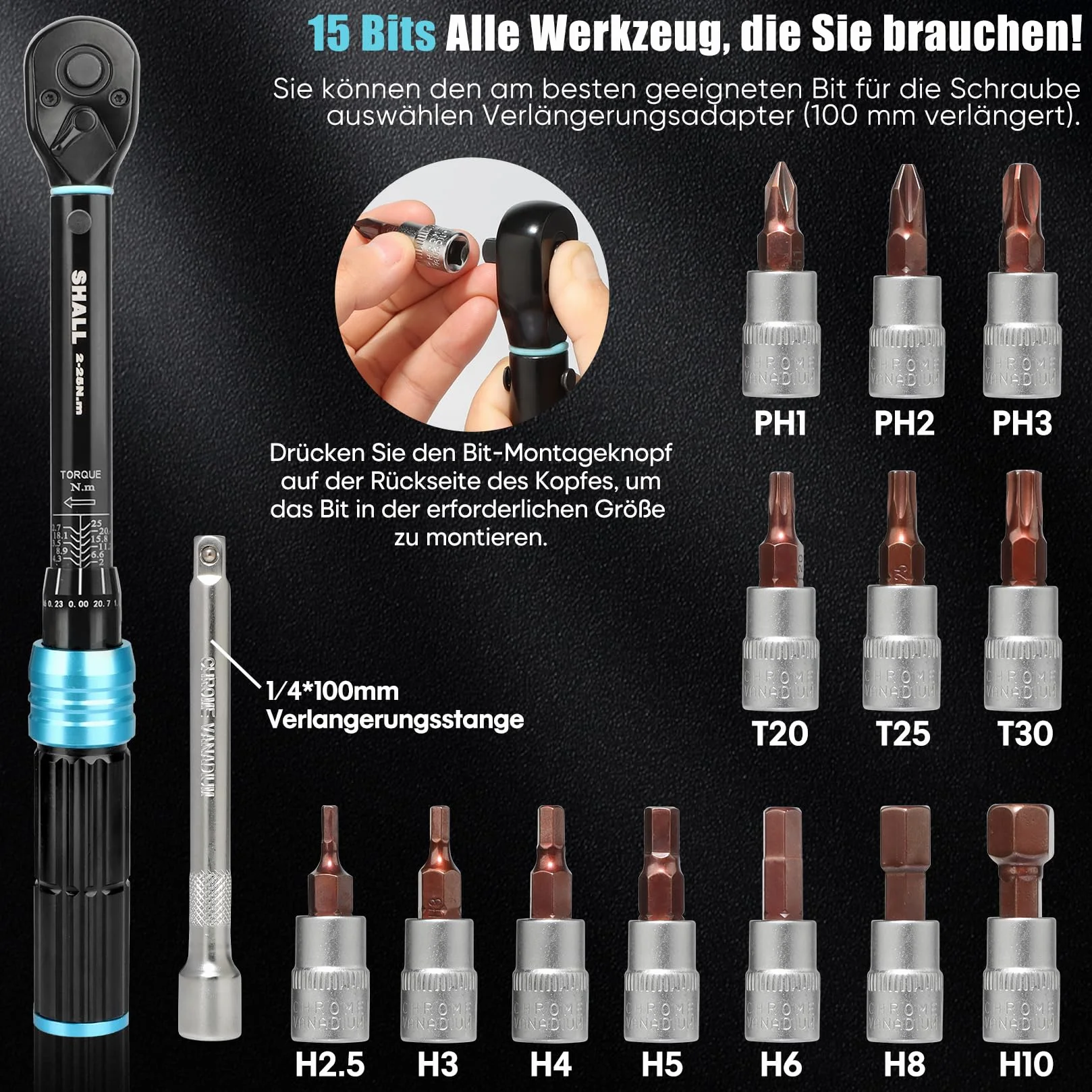 Set chiavi dinamometriche 15 pezzi 1/4" 2-25 Nm regolabile 72 denti per bici e moto
