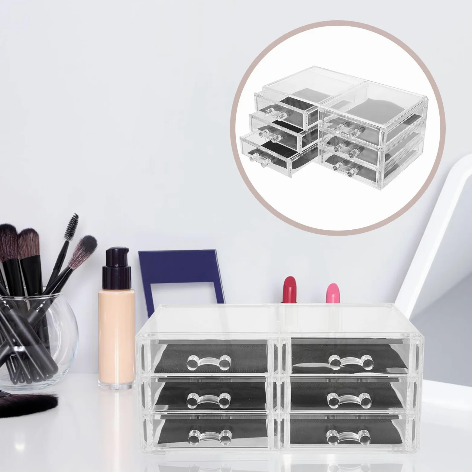 KICHOUSE Porta Trucchi Acrilico Trasparente 3 Cassetti, Organizer per Trucco da Bagno e Vanità, Contenitore Cosmetici Grande Capacità per Accessori Make Up
