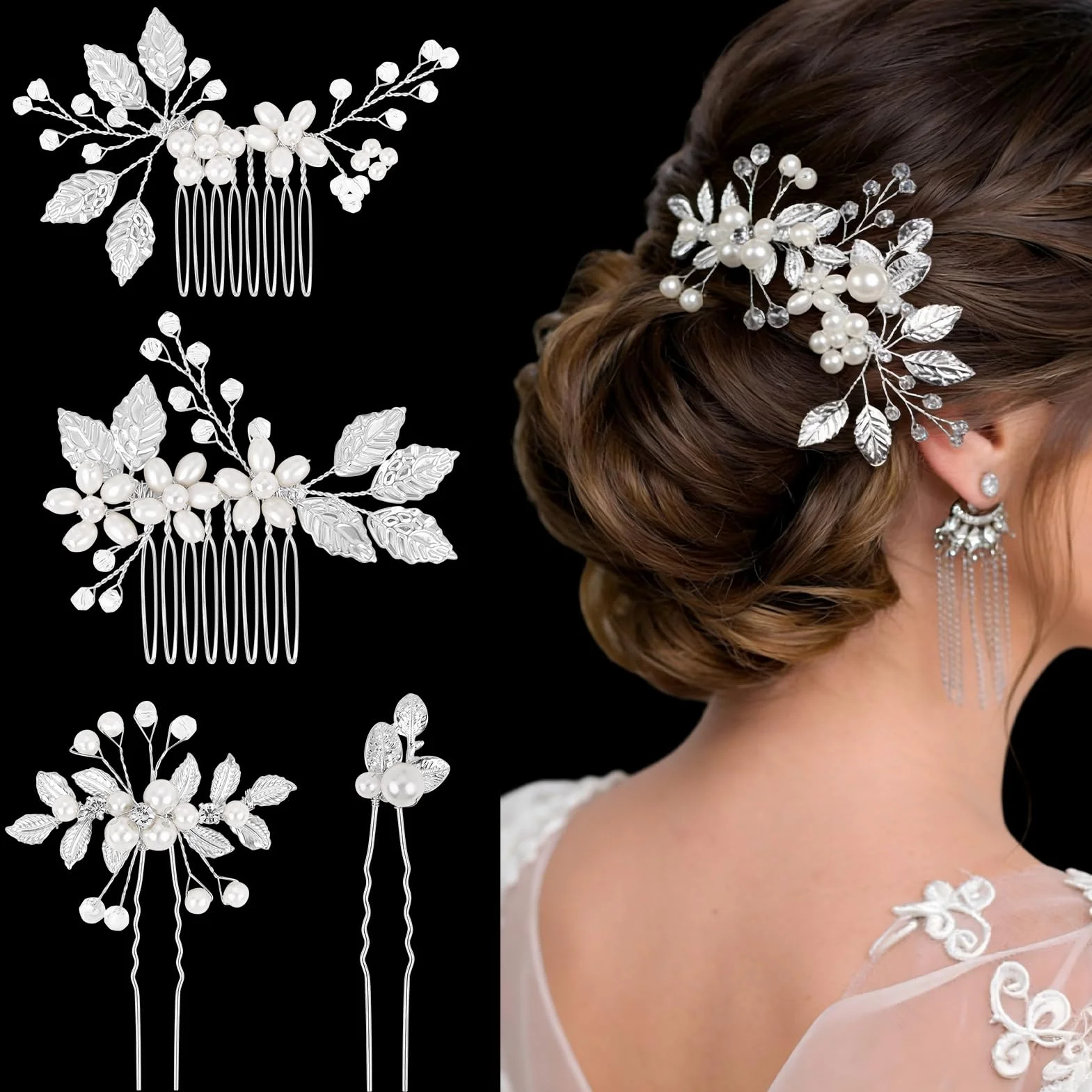 4 Pezzi Accessori Capelli Sposa Pettine Fermaglio con Perle Strass Forcine a Forma di U per Donne e Ragazze