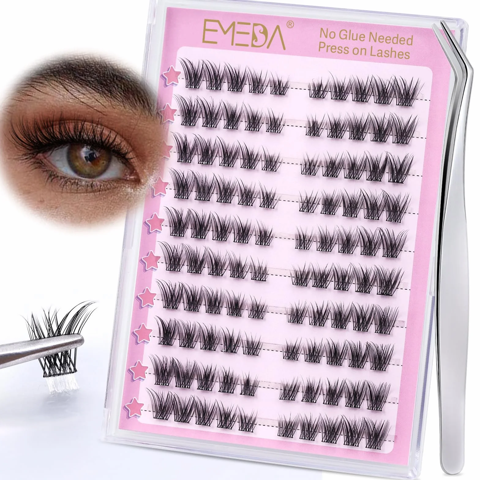 EMEDA ciglia autoadesive naturale, kit ciglia a grappolo senza colla 120pcs Ciglia naturali a pressione, DIY Ciglia a grappolo preincollate con pinzetta Ciglia da gatto preincollate (Cat eye02)