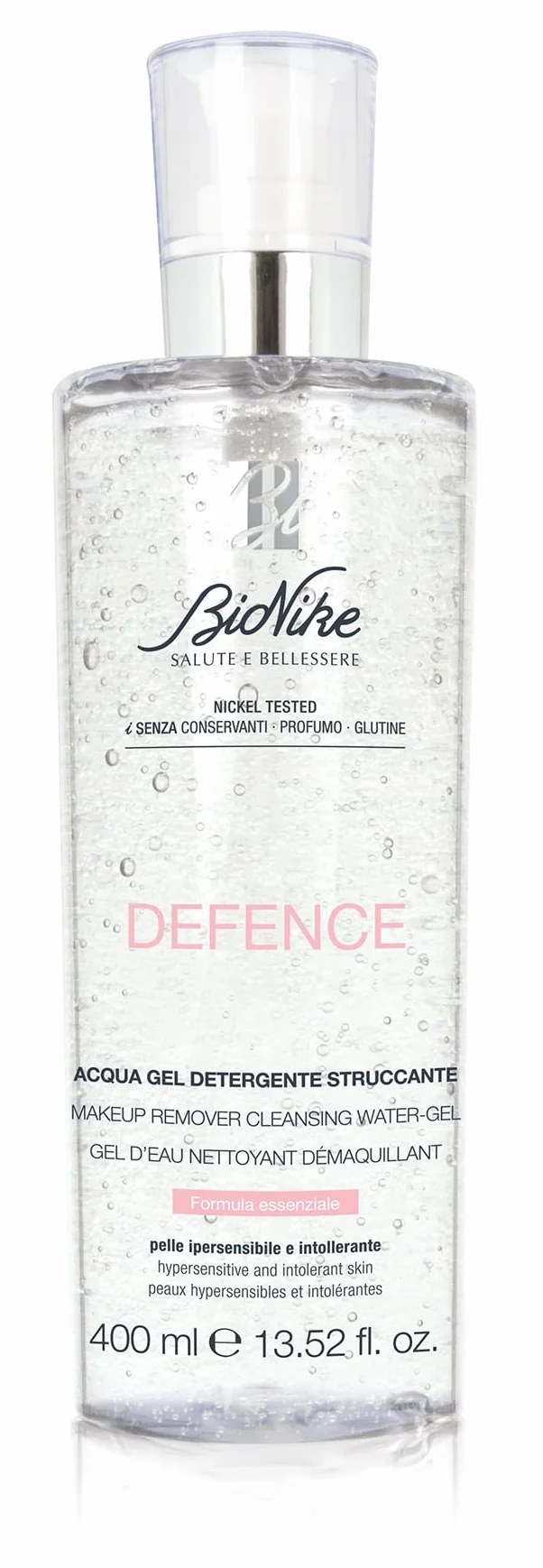 BioNike Defence - Acqua Gel Detergente Struccante, con Pantenolo, per Pelle Delicata e Ipersensibile, Deterge e Strucca la Pelle del Viso e gli Occhi, 400ml