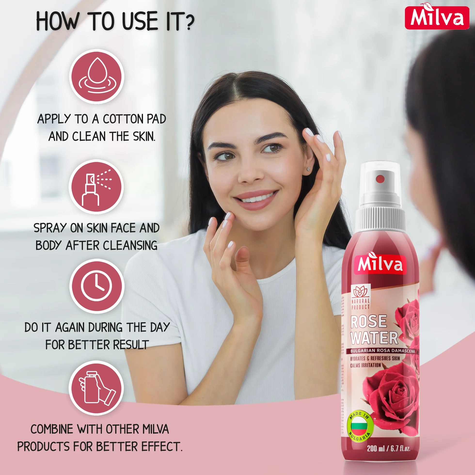 Milva Acqua di Rose Spray Idratante per Corpo e Viso, 200 ml – Tonico Spray Rinfrescante con Olio di Rosa Damascena Bulgara – Struccante Senza Alcol – Acqua di Rose Naturale anche per Capelli