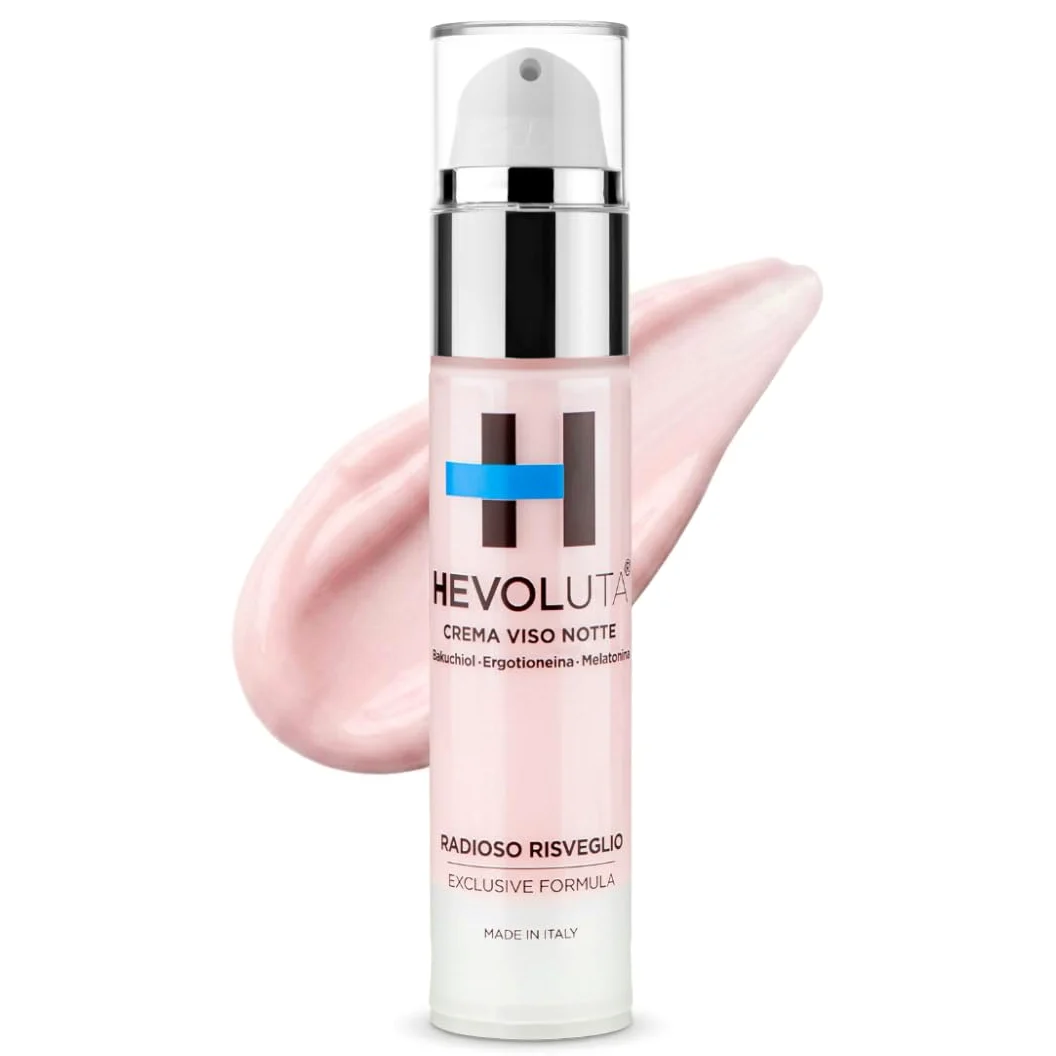 Hevoluta Crema Viso Notte, Antirughe, per Pelli Mature, 50 ml | Idratante Antiage Antimacchia e Lenitiva, con Bakuchiol Melatonina Ergotioneina Niacinamide GABA, Made in Italy
