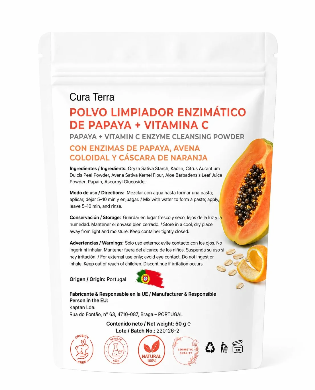 Papaya + Vitamina C - Polvere detergente enzimatico viso 50 g | Esfoliante naturale illuminante con enzimi di papaia, avena colloidale, caolino e buccia d'arancia | 100% naturale e vegano