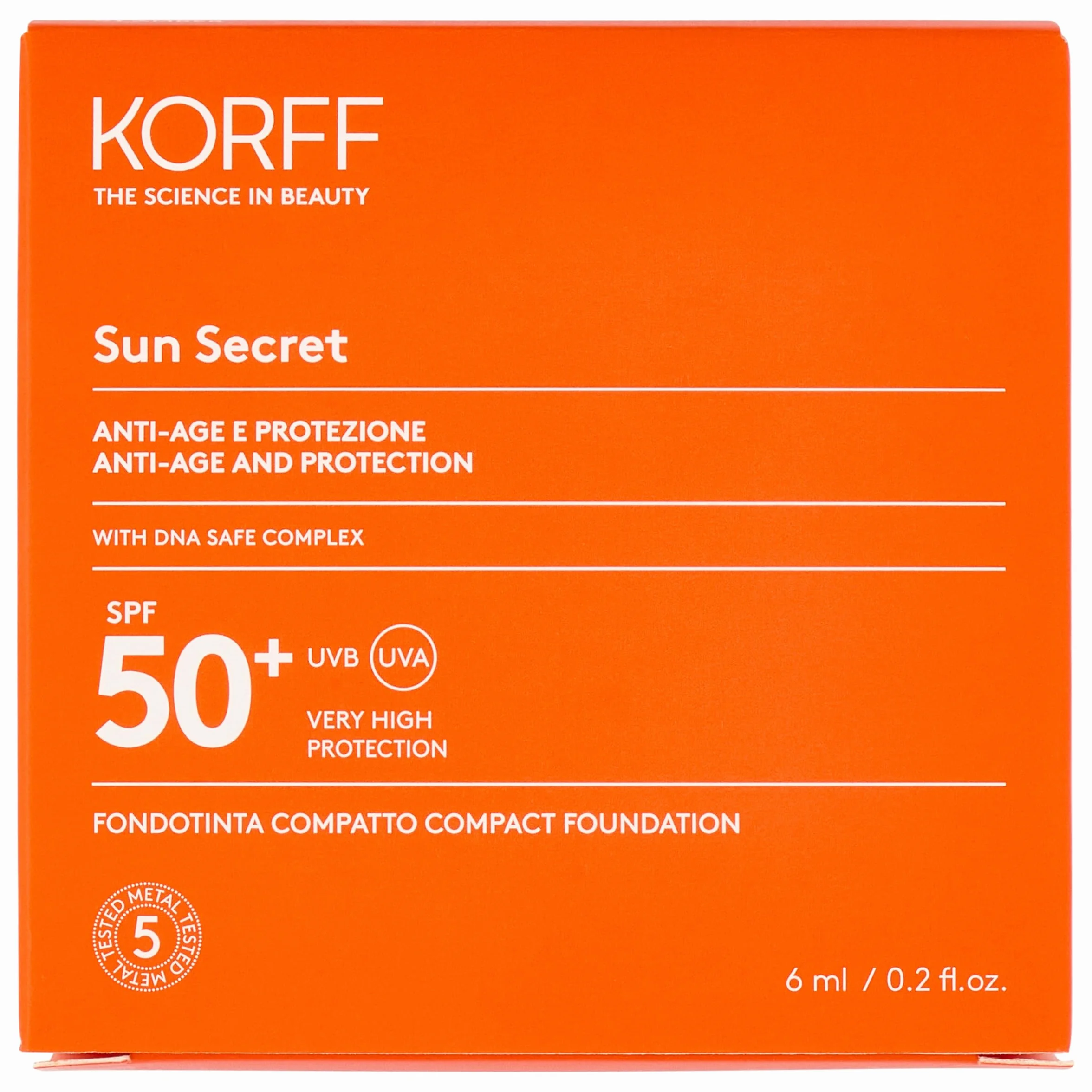 Korff Sun Secret, Fondotinta Compatto Solare SPF 50+ Uniformante e Protettivo con DNA-Safe Complex. Tonalità 01 Amber, 6 ml