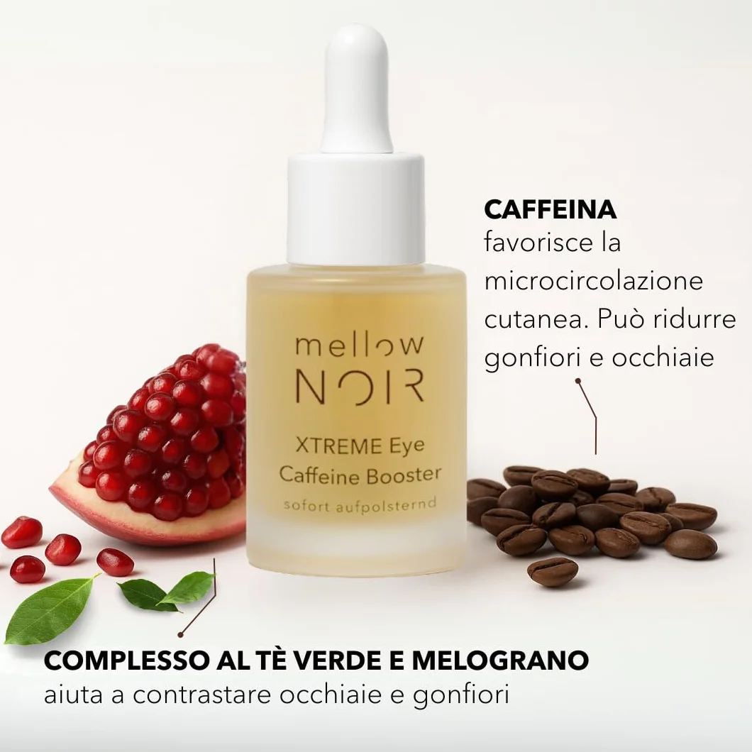 mellow NOIR XTREME Eye Caffeine Booster 15ml - EFFETTO RIMPOLPANTE IMMEDIATO – Siero contorno occhi alla caffeina per occhi stanchi e gonfi – combatte occhiaie e borse – Vegano – Cosmetici naturale
