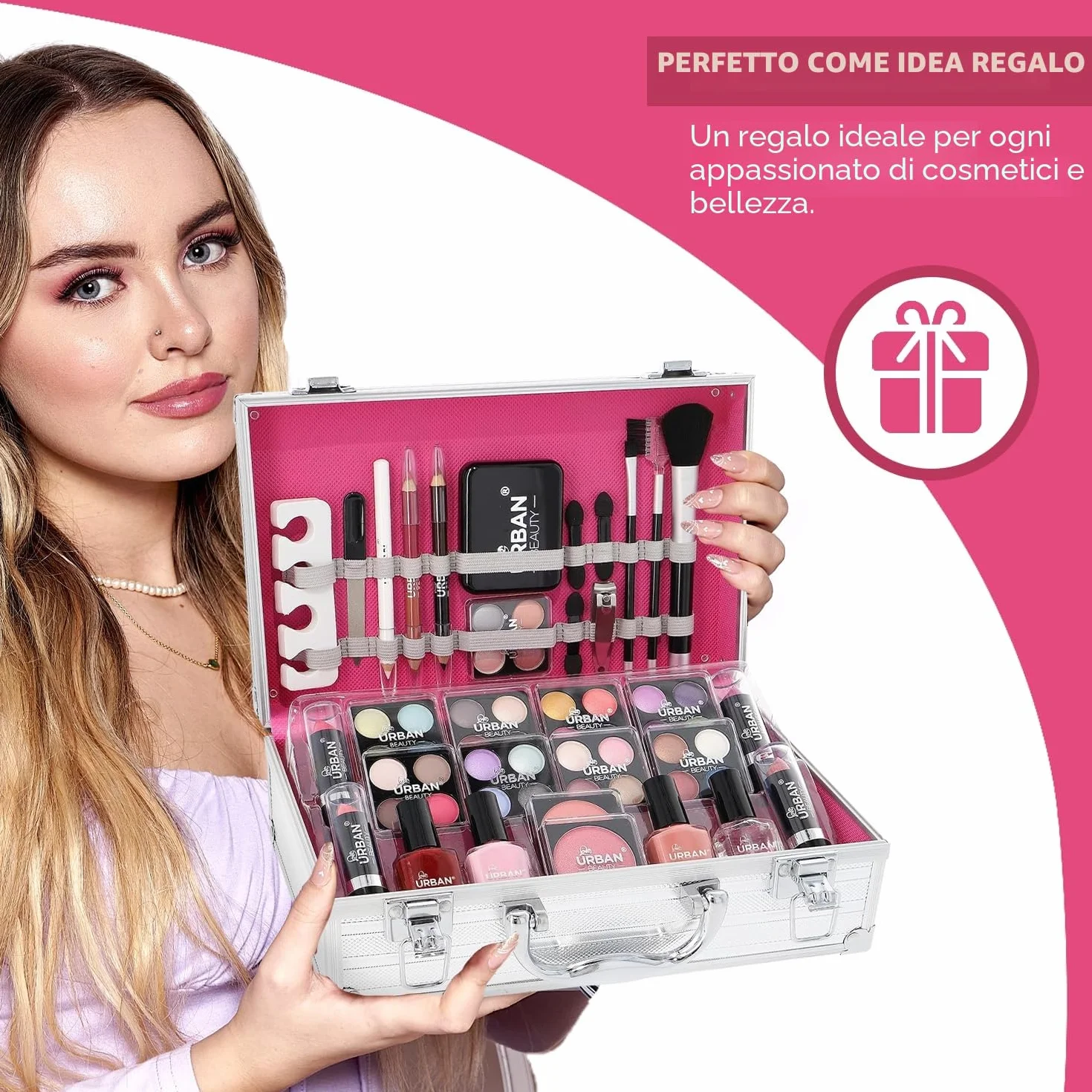 LOVE URBAN BEAUTY Trousse per trucchi – Set trucco da 64 pezzi per adolescenti – Elegante scatola d'argento – Design compatto e leggero – Set trucco da donna adatto ai viaggi