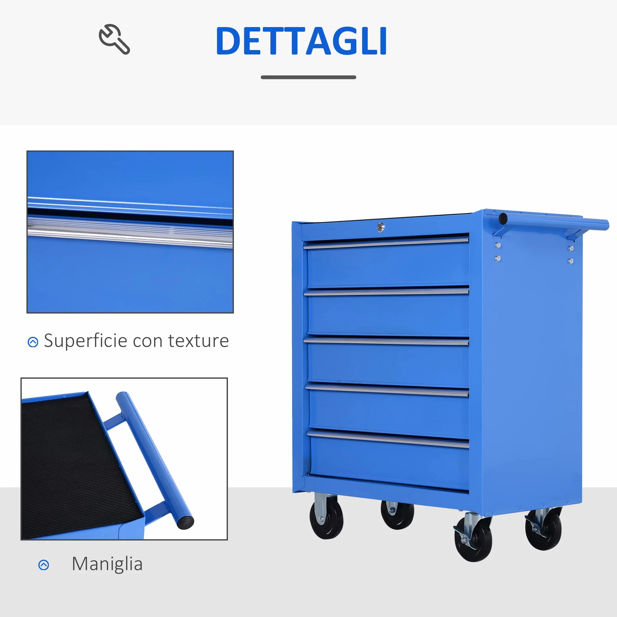 HOMCOM Carrello da Officina 5 Cassetti con Ruote in Metallo Blu 67.5x33x77cm