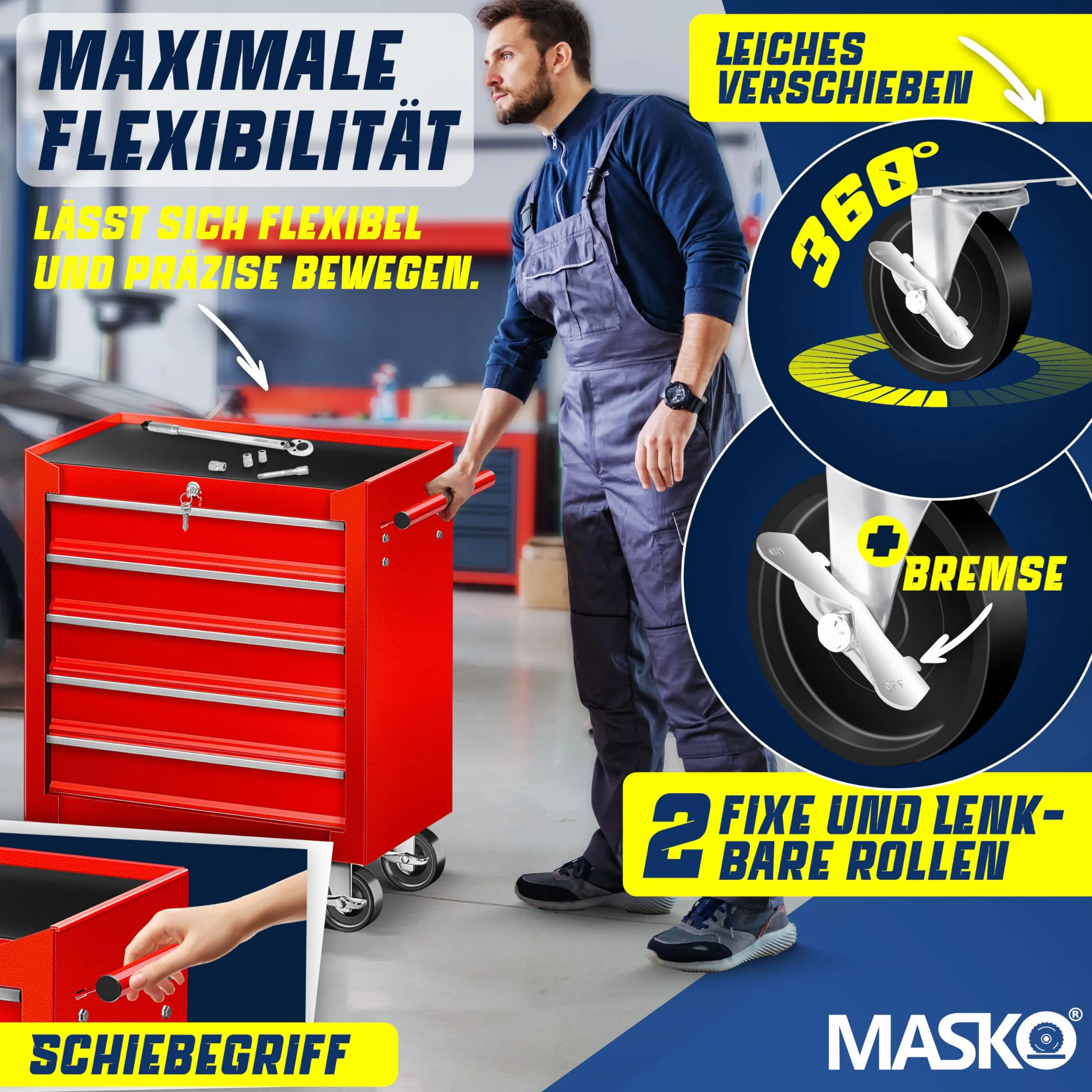 MASKO Carrello da officina 5 cassetti richiudibile in metallo massiccio con serratura