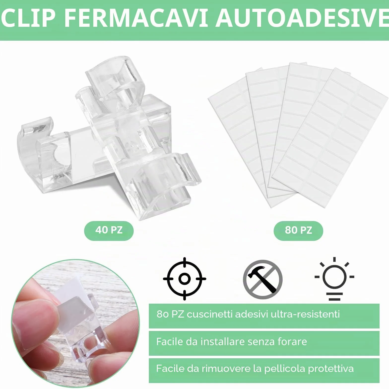 Organizzatore di Cavi Autoadesivi 40 Pezzi Clip per Cavi Fermacavi Trasparente