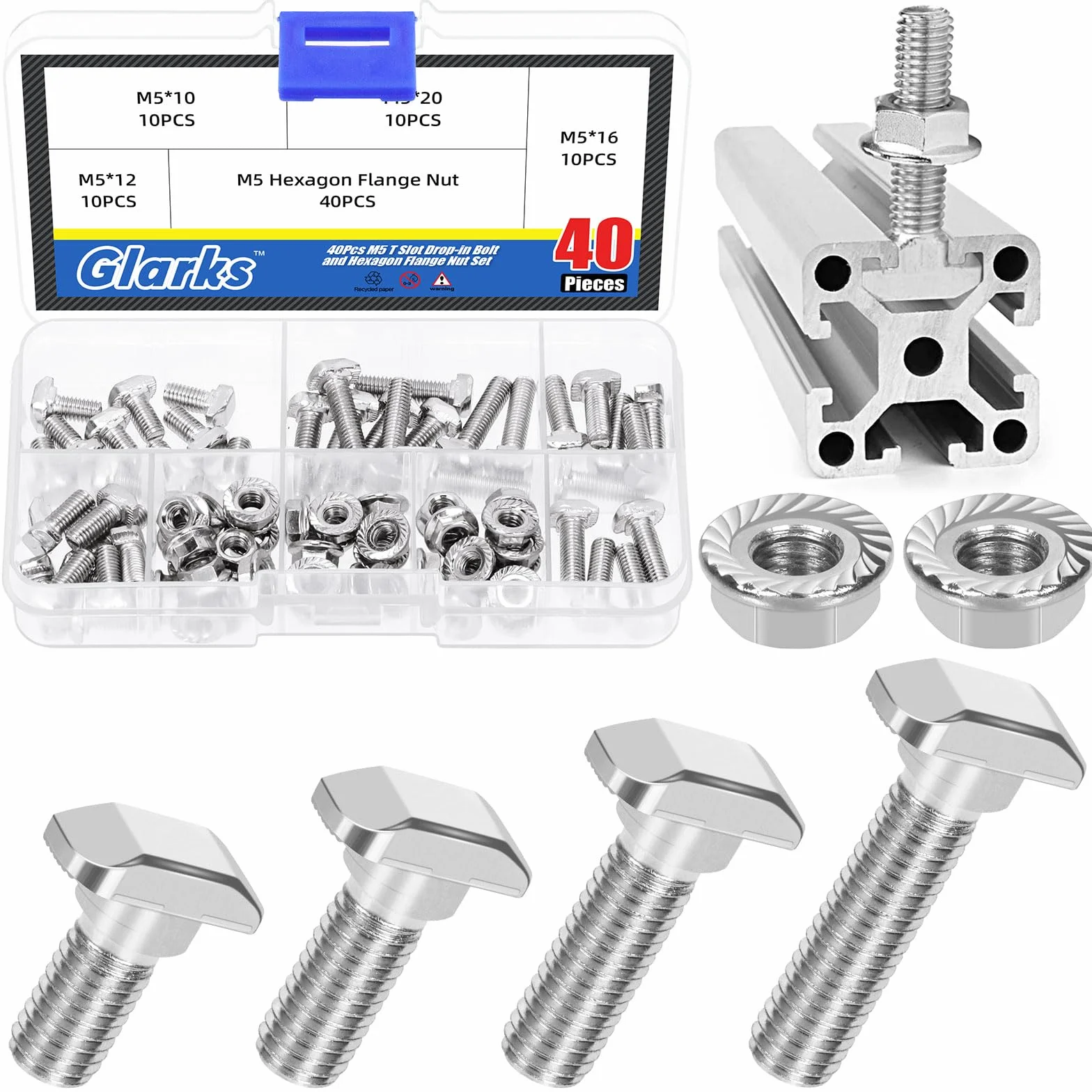Glarks 80pz M5 Vite a T con Scanalatura e Dado a Esagono Set, 10-20MM Vite a T con Testa a Martello