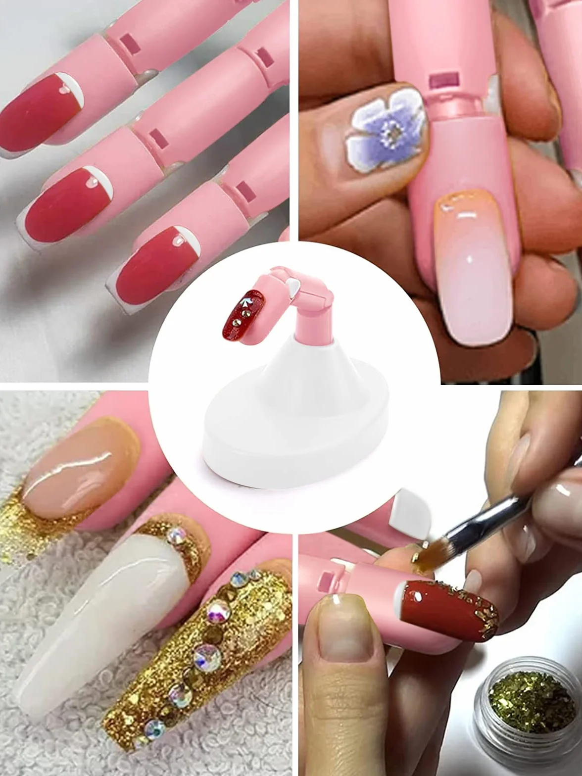 Deciniee Mano Finta per Ricostruzione Unghie, 3 Dita Regolabili e 200 Punte per Unghie Sostituibili Dito Finto per Ricostruzione Unghie, Kit Professionale Dito per Pratica Per Nail Art, Rosa/Bianco