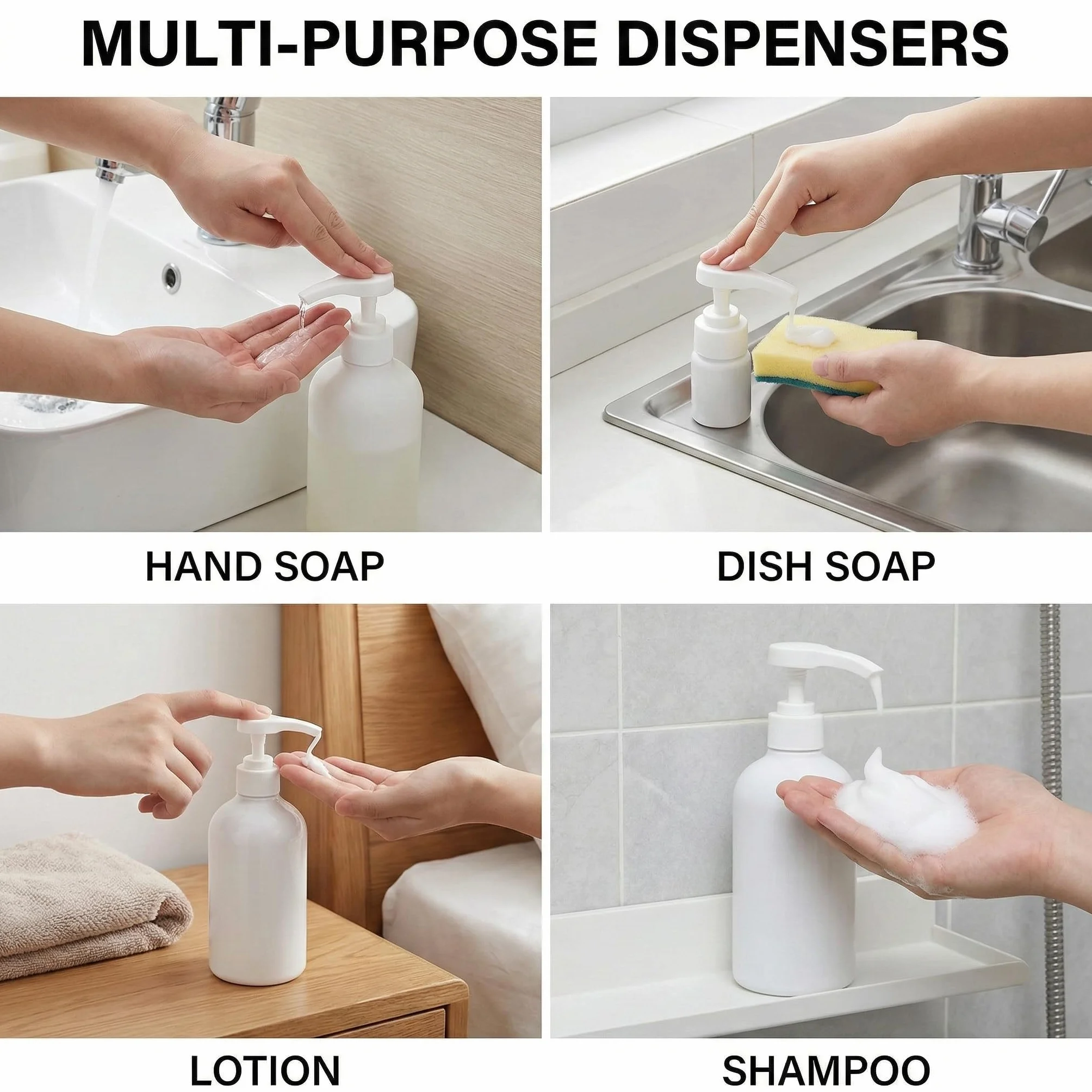 8 Dosatori per Dosaggio - Pompa per Sciroppo per Bottiglie da 500ml/1000ml, Compatibile con Tappi 28/410 e 24/410, Perfetta per Sciroppi, Shampoo e Balsami (Bianco, 0.5/1L)