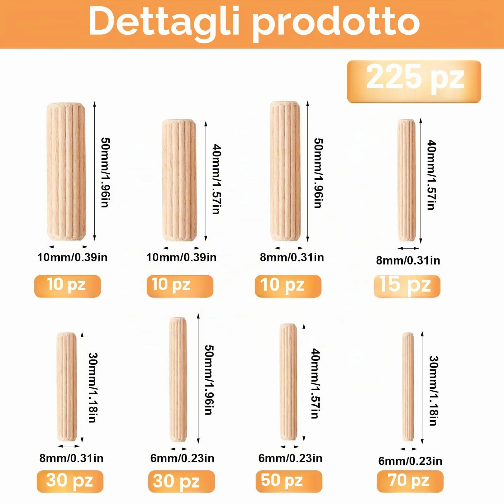 Tasselli Legno Conici Scanalati 6mm 8mm 10mm per Mobili Fai da te 225 Pz