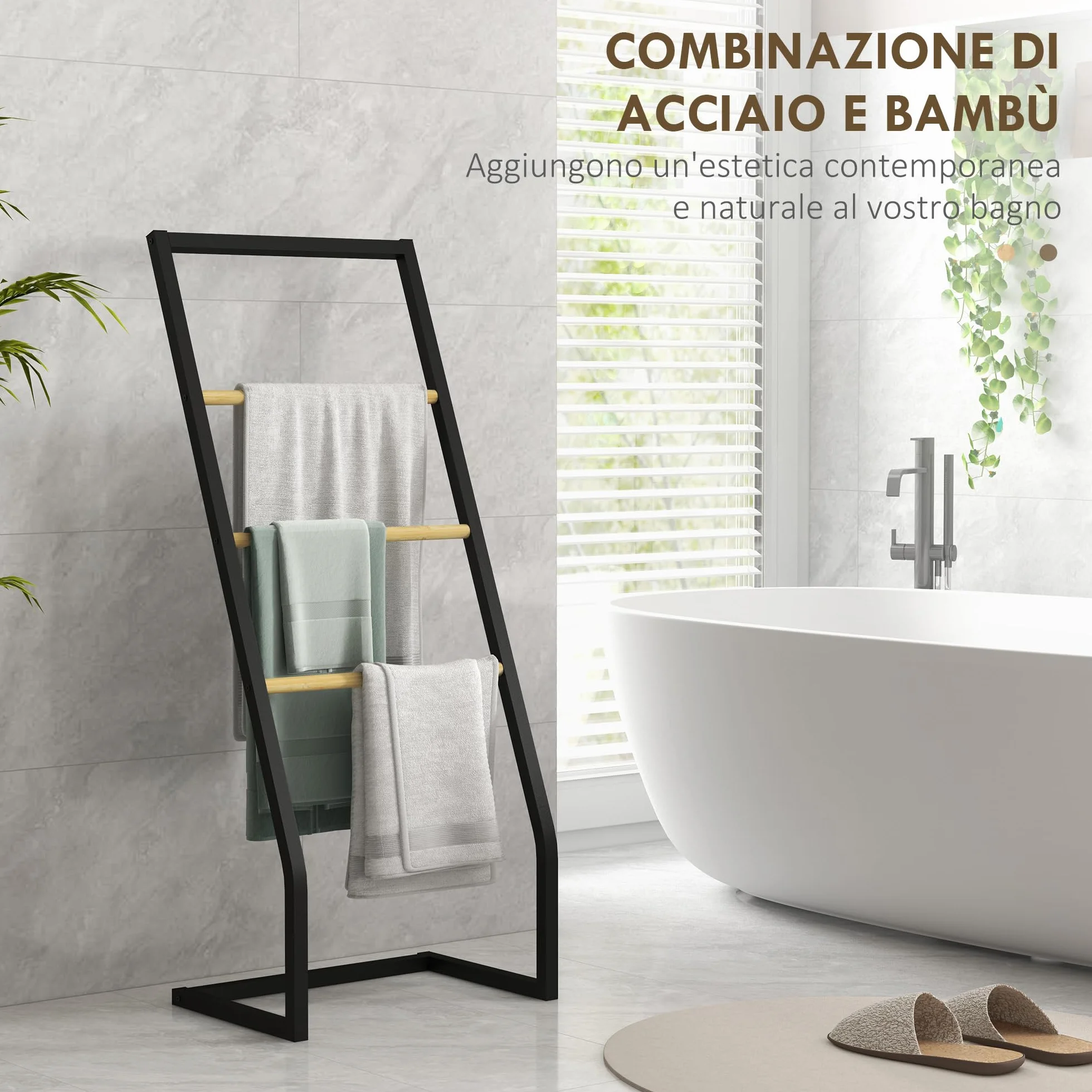 HOMCOM Portasciugamani a 4 Livelli in Acciaio e Bambù, 40.5x28x98 cm, Nero