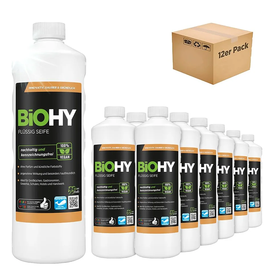 BiOHY Sapone liquido (12 x 1 litro) | sapone delicato sulla pelle, idratante e liquido per le mani | privo di fosfati | igiene inodore | adatto anche per il viso | senza profumi e coloranti
