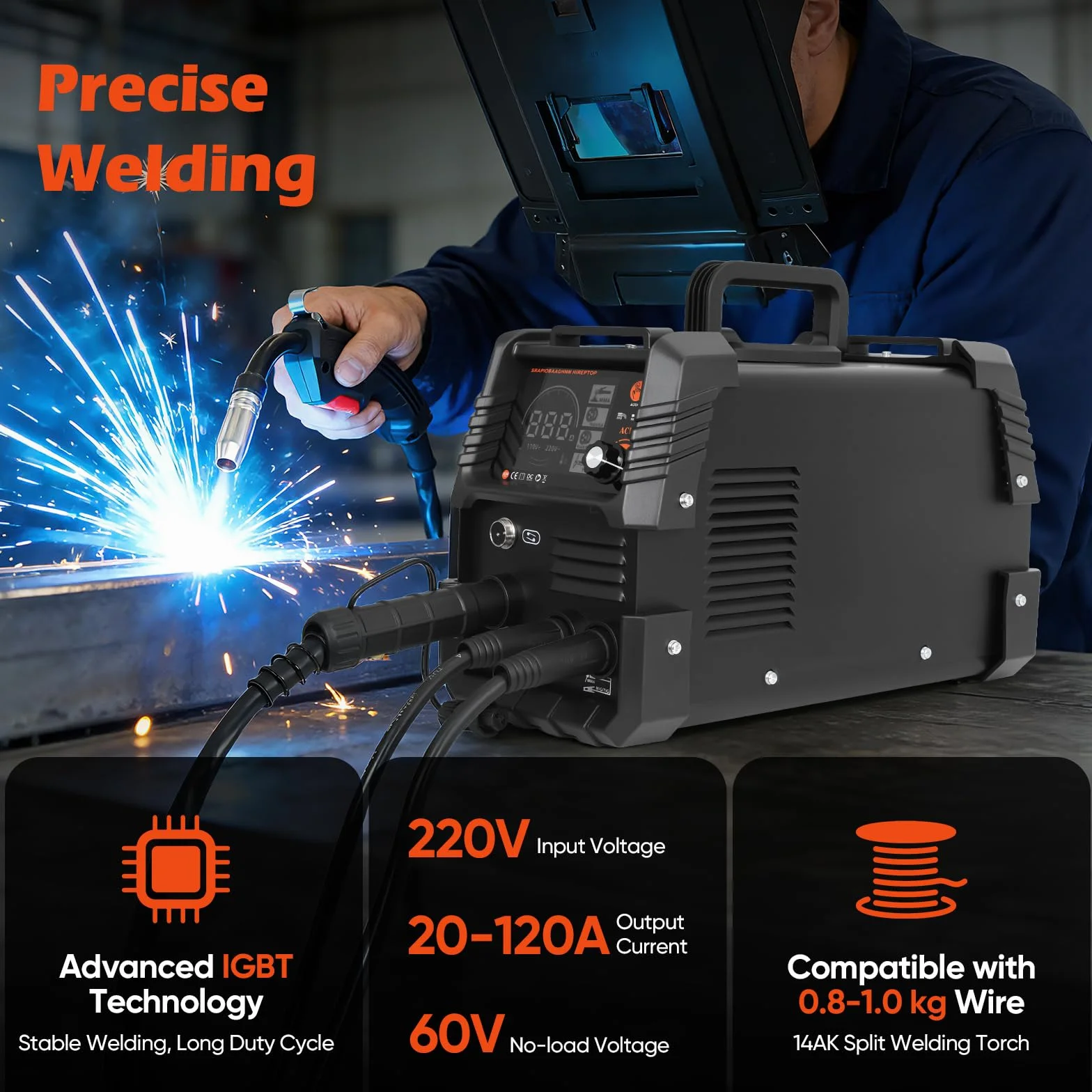 Saldatrice a Filo Continuo Senza Gas 120A 220V 3 in 1 FLUX Lift-TIG MMA/ARC Inverter IGBT Compatta