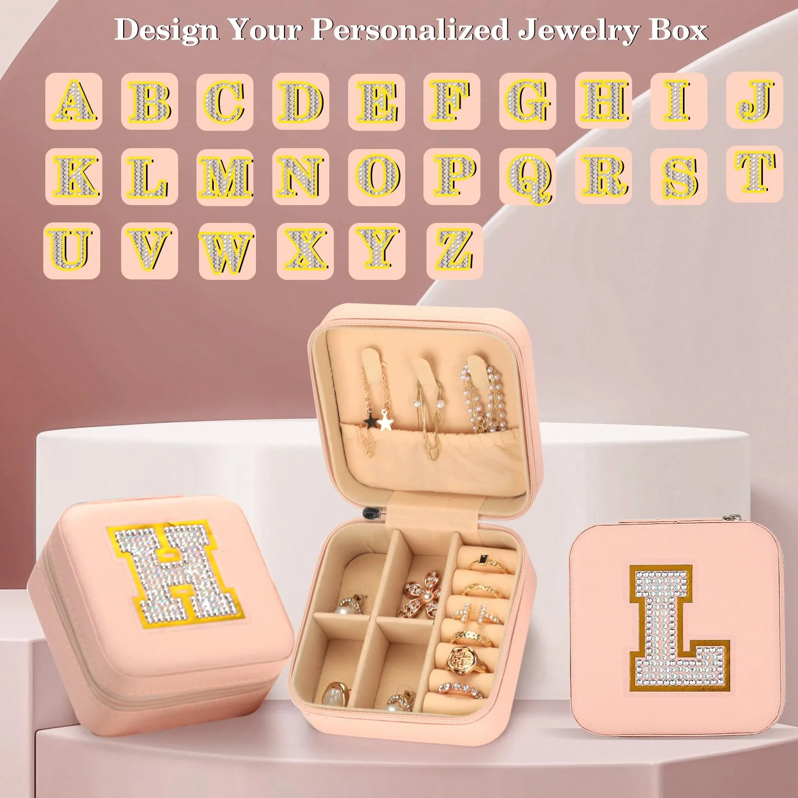 VINATO Portagioielli Personalizzabile con Lettere Diamantate 10x10x5 cm DIY Scatola Porta Gioielli da Viaggio in Pelle PU Rosa