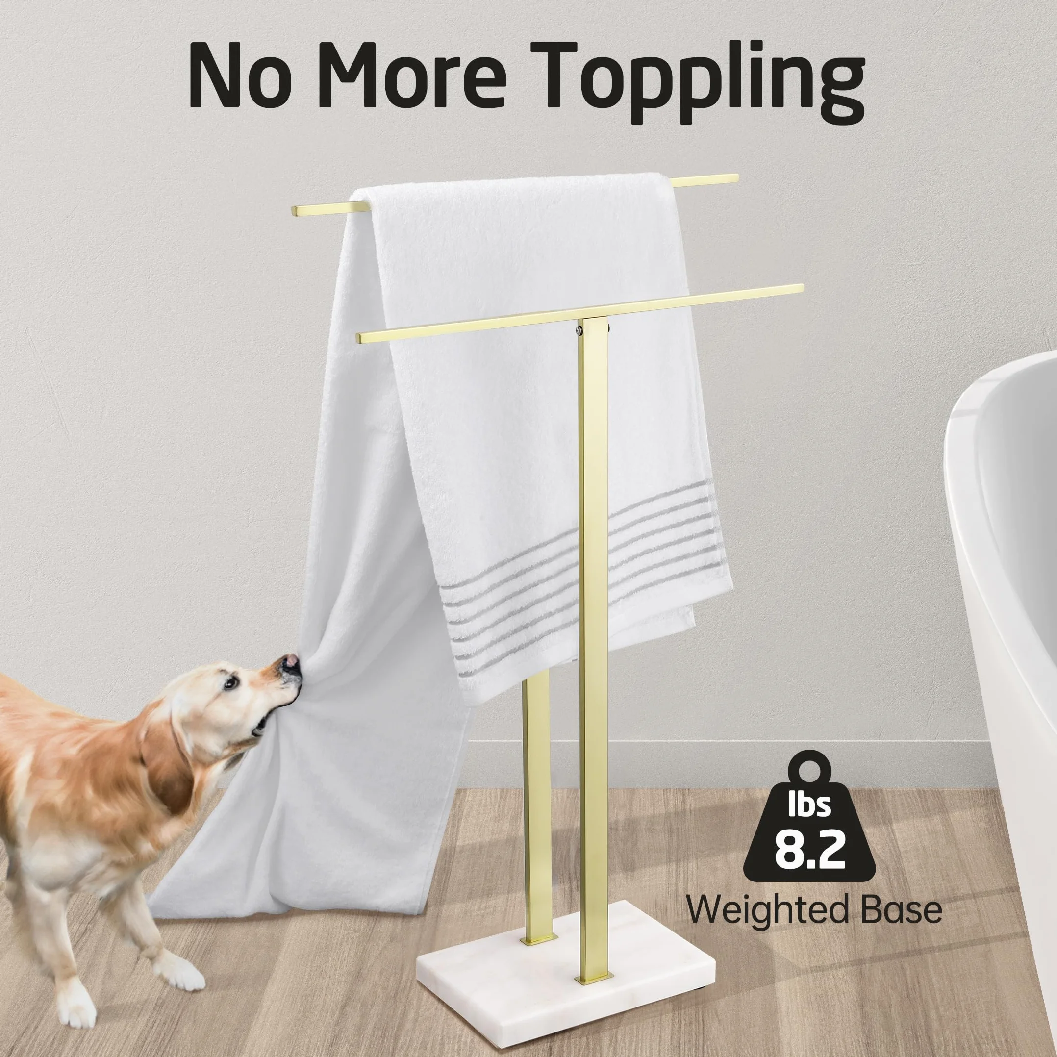 KES Oro Porta Asciugamani Bagno 2 Bracci Base Marmo Acciaio Inossidabile 18/8 Oro Spazzolato