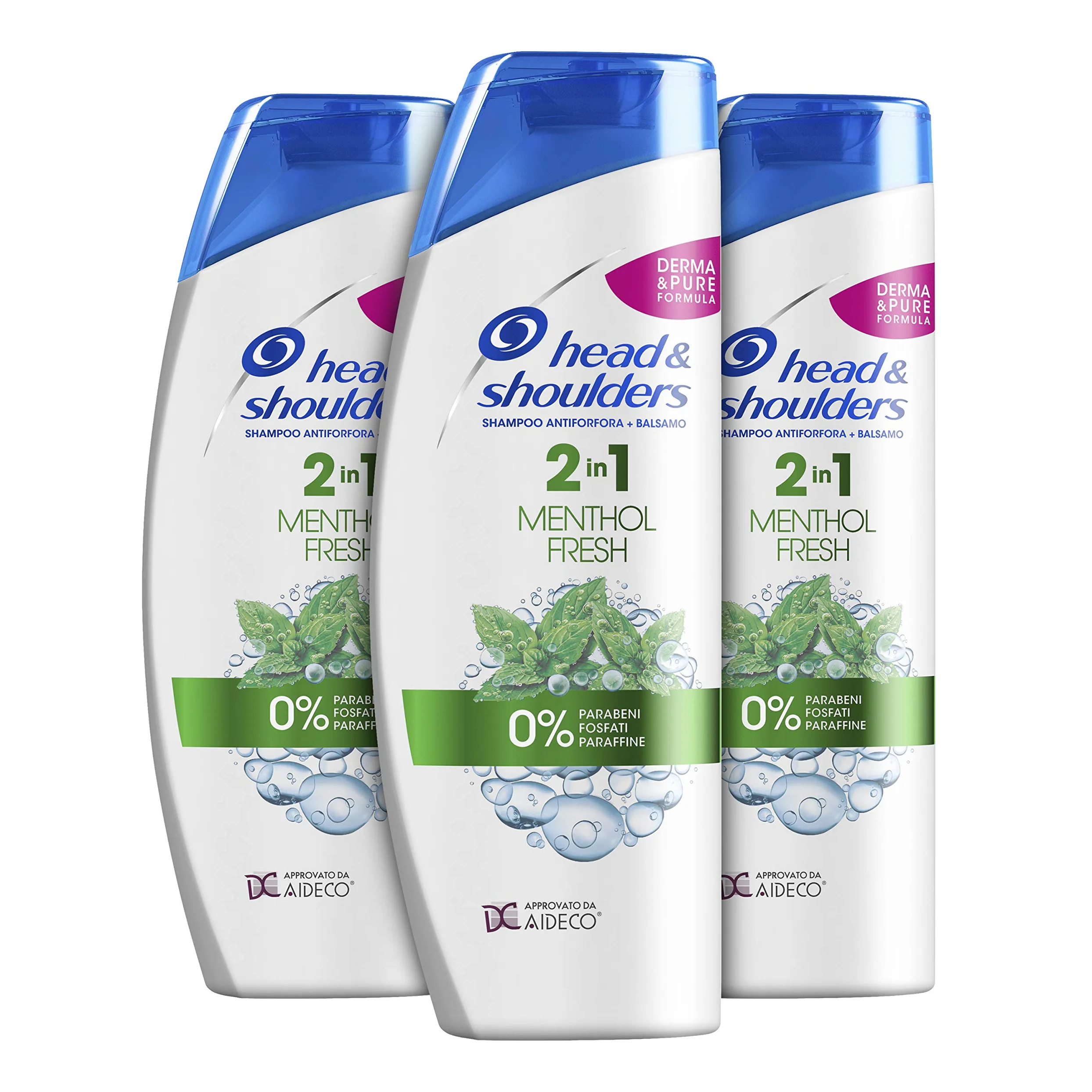 Head & Shoulders Shampoo antiforfora Menthol Fresh 2 in 1 Shampoo e Balsamo, Confezione da 3 x 540 ml, per Capelli Grassi, Fino a 72 Ore di Protezione