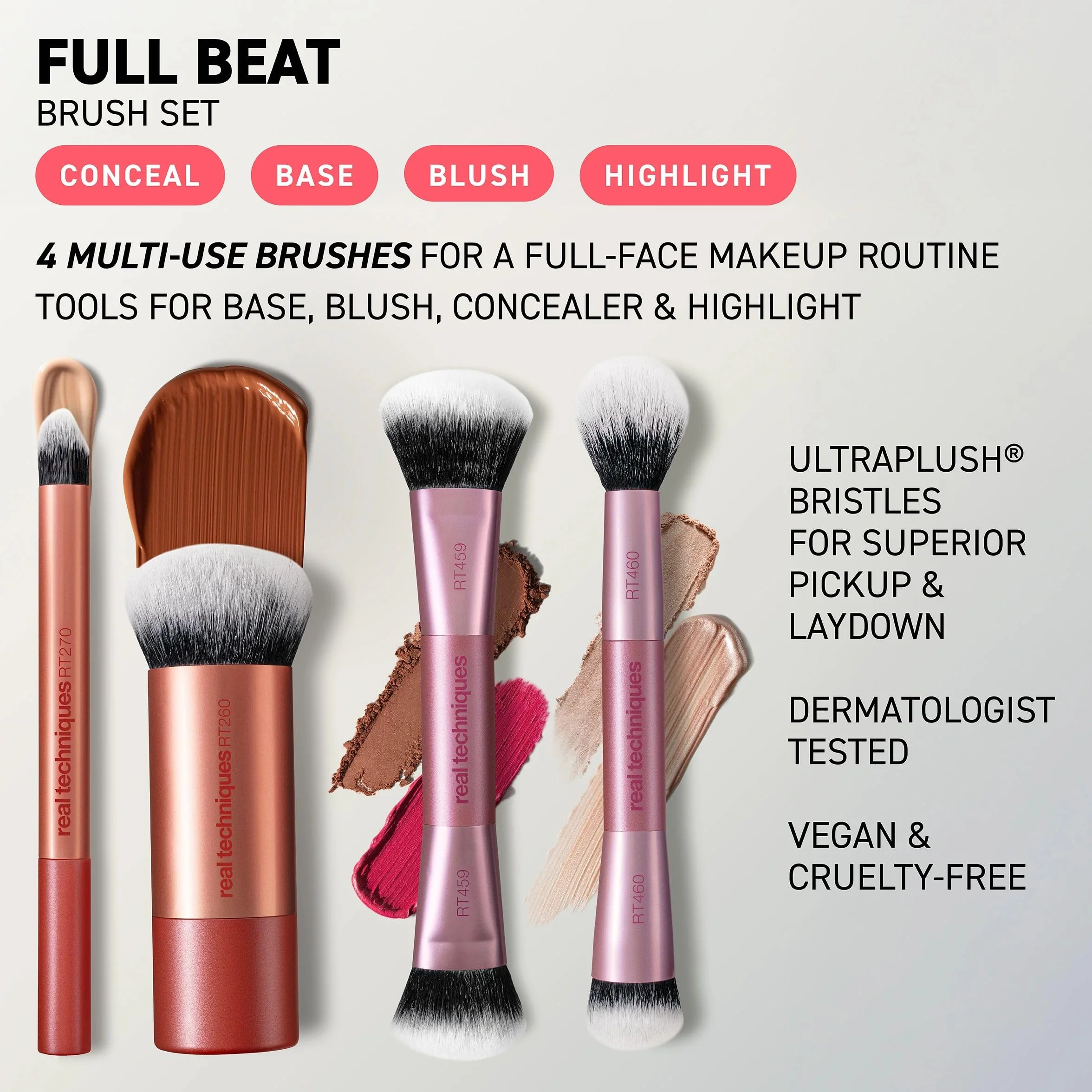 Real Techniques Full Beat Makeup Brush Set, 4 Piece Brush Kit for Foundation, Concealer, Blush, Contour, Highlight & Powder Blending, Travel Set, Soft UltraPlush Bristles, Cruelty-Free