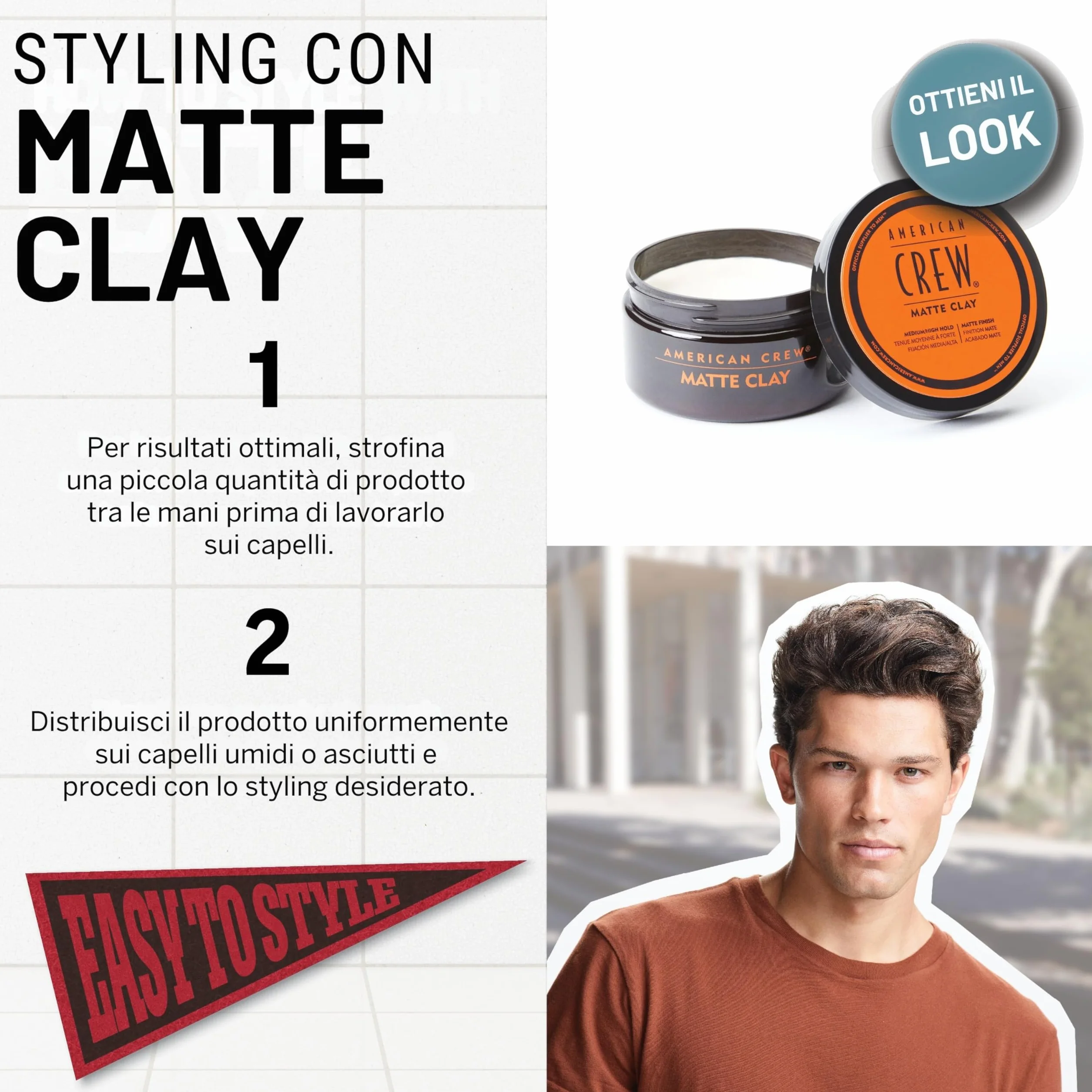 American Crew Matte Clay, Cera Capelli Uomo, Tenuta Medio/Alta & Finish Opaco, Dona Texture e Controllo, 85g