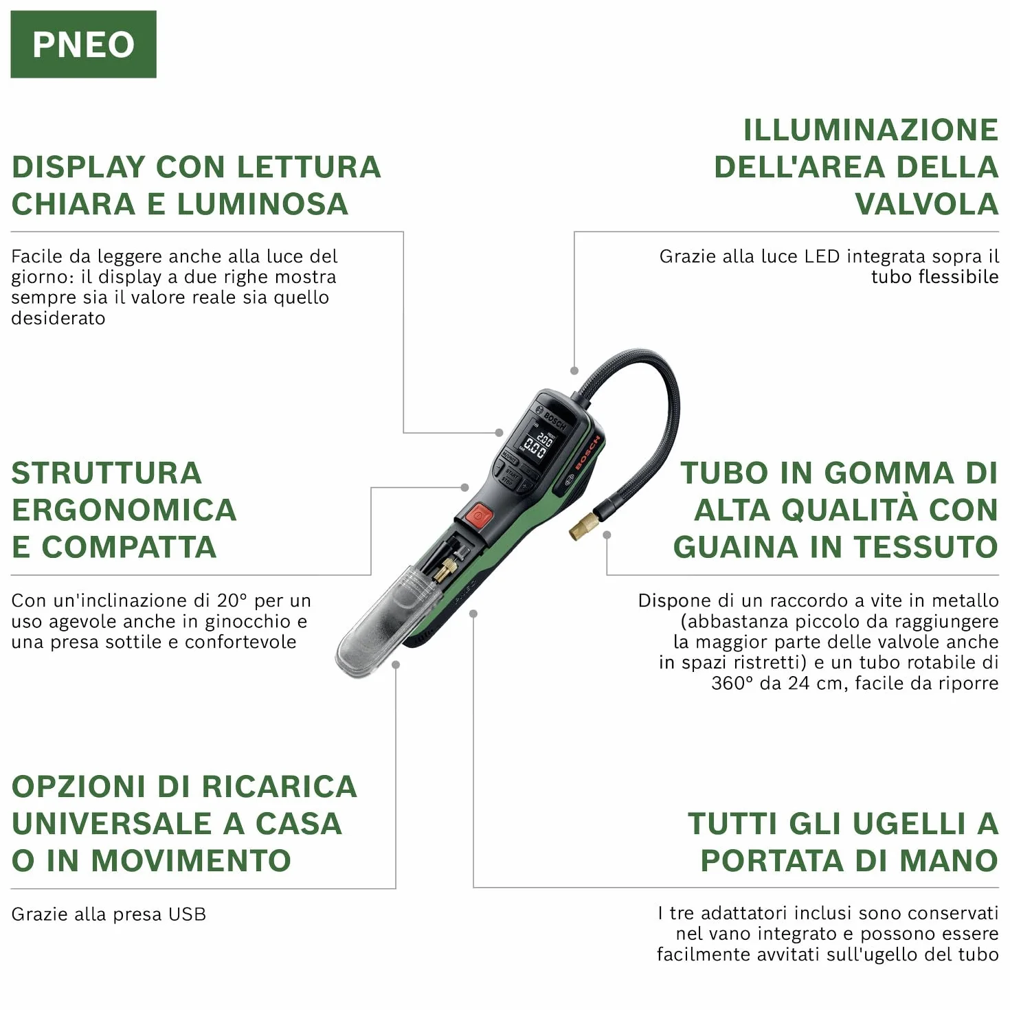 Bosch PNEO Compressore a batteria 4V 3.0 Ah con adattatori di pressione e borsa