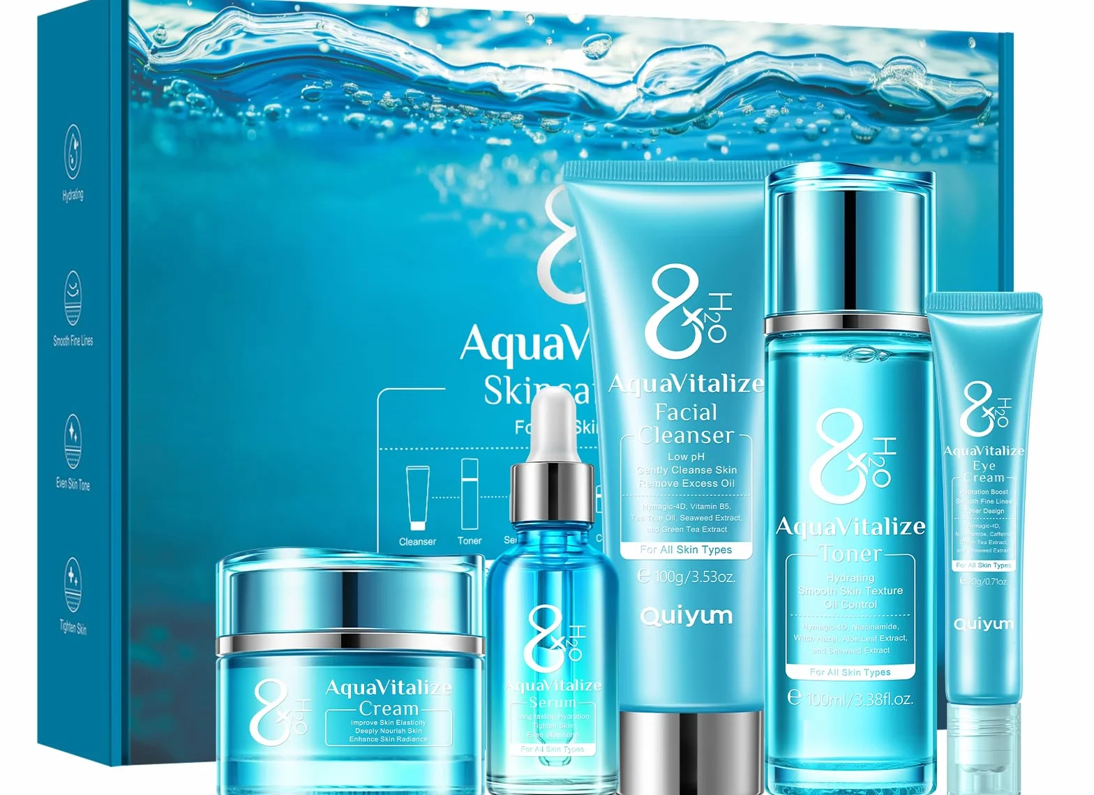 QUIYUM Kit Skincare Viso Completo 8X H2O AquaVitalize, Set Regalo Donna Beauty Routine, 5 Pezzi con Detergente, Tonico, Crema per Gli Occhi, Siero, Crema Viso Idratante