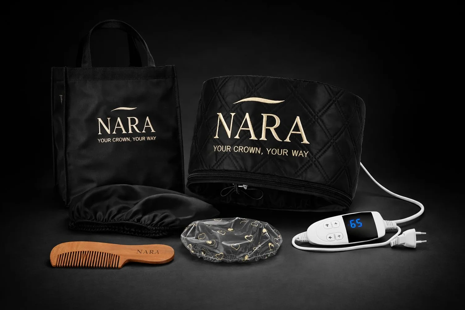 NARA - Casco riscaldante per capelli, cura profonda e idratazione, temperatura regolabile LCD, confezione completa: cuffia riscaldata + cuffia da notte + cuffia da doccia + pettine per maschere, oli