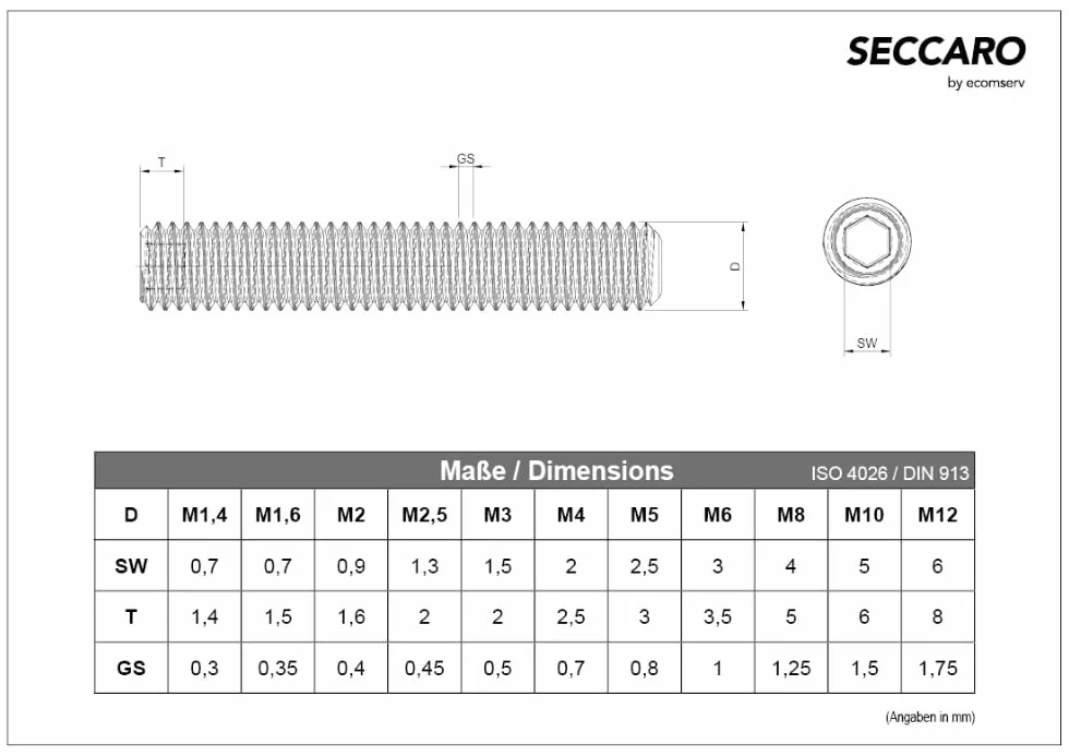 SECCARO Grani con punta conica M8 x 55 mm, acciaio inossidabile V2A A2, DIN 913, ISO 4026, esagono interno, 20 pezzi