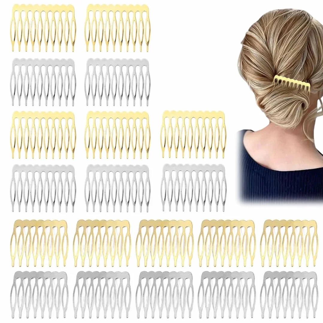 20 Pezzi Pettini Laterali in Metallo 10 & 8 Denti, pettinini per Velo, Lato per Capelli per Capelli da Donna Francese con Denti per Accessori per Capelli con Clip per Chignon Argentato & Oro