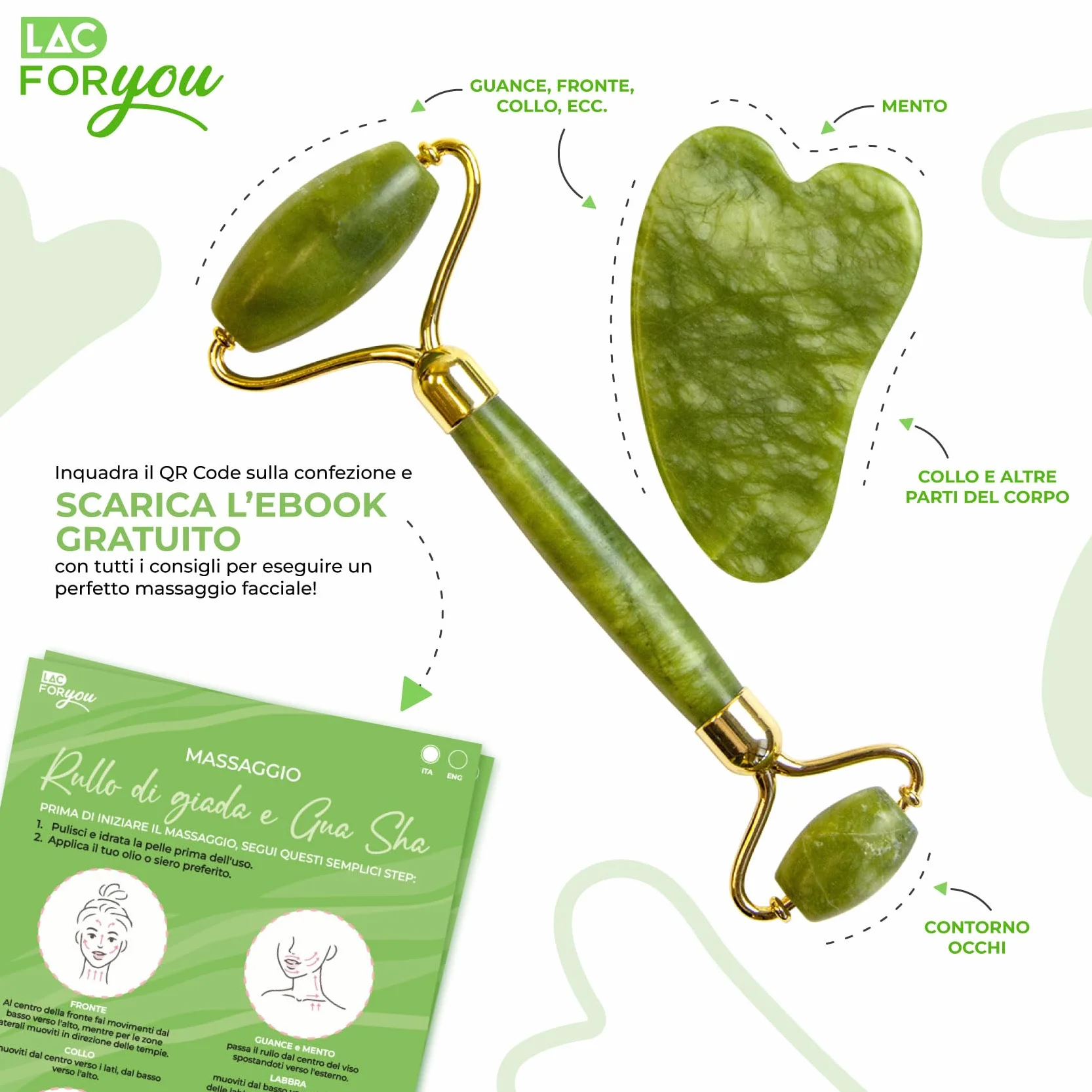 LAC FOR YOU Pietra Gua Sha e Rullo di Giada per il Viso - Roller Massaggio Viso Antirughe - 2 Pz Accessori Skincare Kit