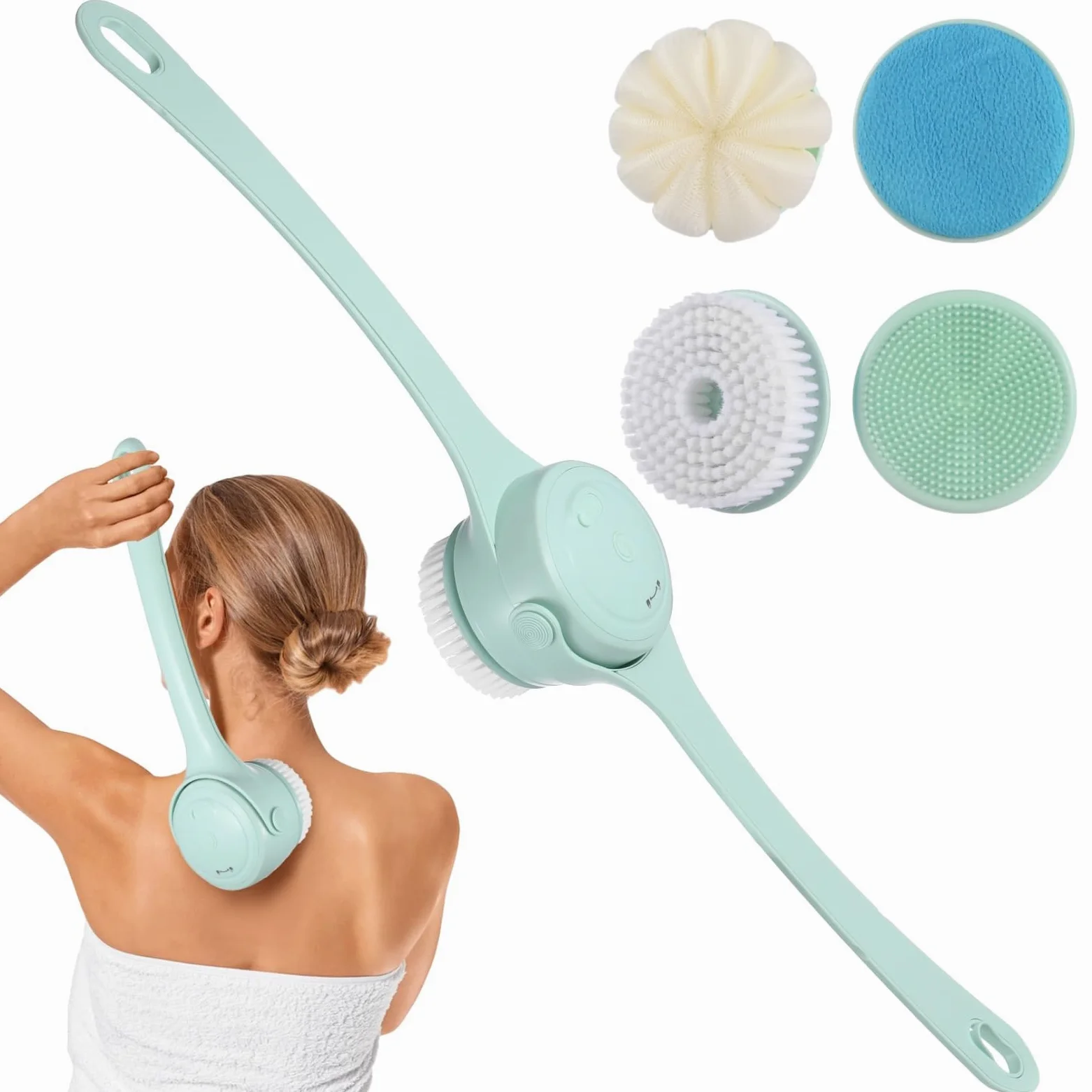Spazzola elettrica per il corpo, spazzola per la schiena con manico lungo 37,8 cm, 4 testine sostituibili, 2 velocità regolabile, impermeabile, ricaricabile per esfoliare e pulire