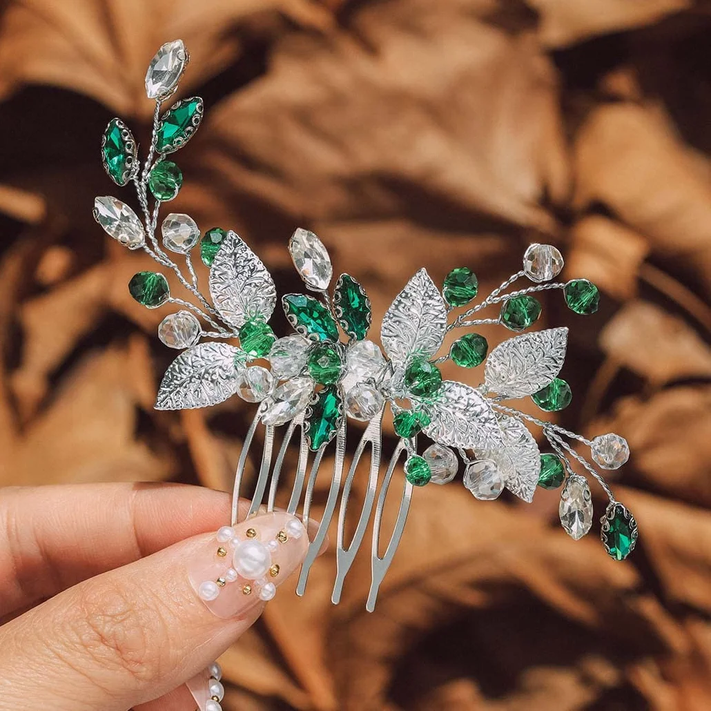 IYOU Pettini per capelli da Sposa Verde Accessori per capelli Matrimonio di Cristallo Prom Party Sposa Pettini Laterali per le donne