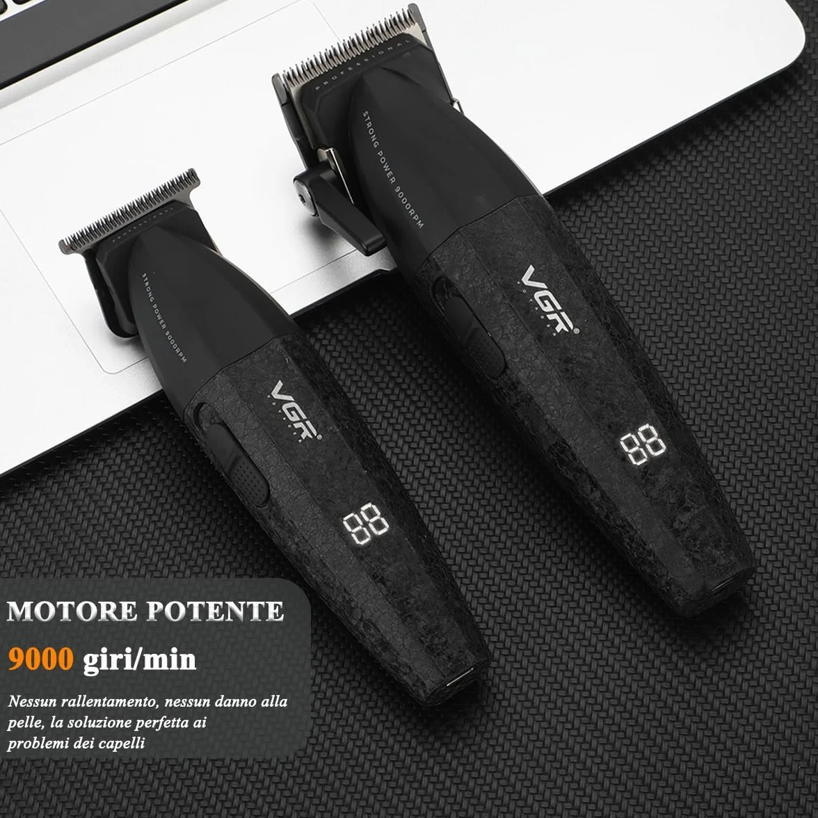 VGR 640 Tagliacapelli Professionale Per Uomo, Set Di Tagliacapelli E Trimmer Senza Fili, Zero Gap T-Blade, Lama In Ceramica DLC, Kit Barbiere Di Alta Qualità Con Display LED (Nero)