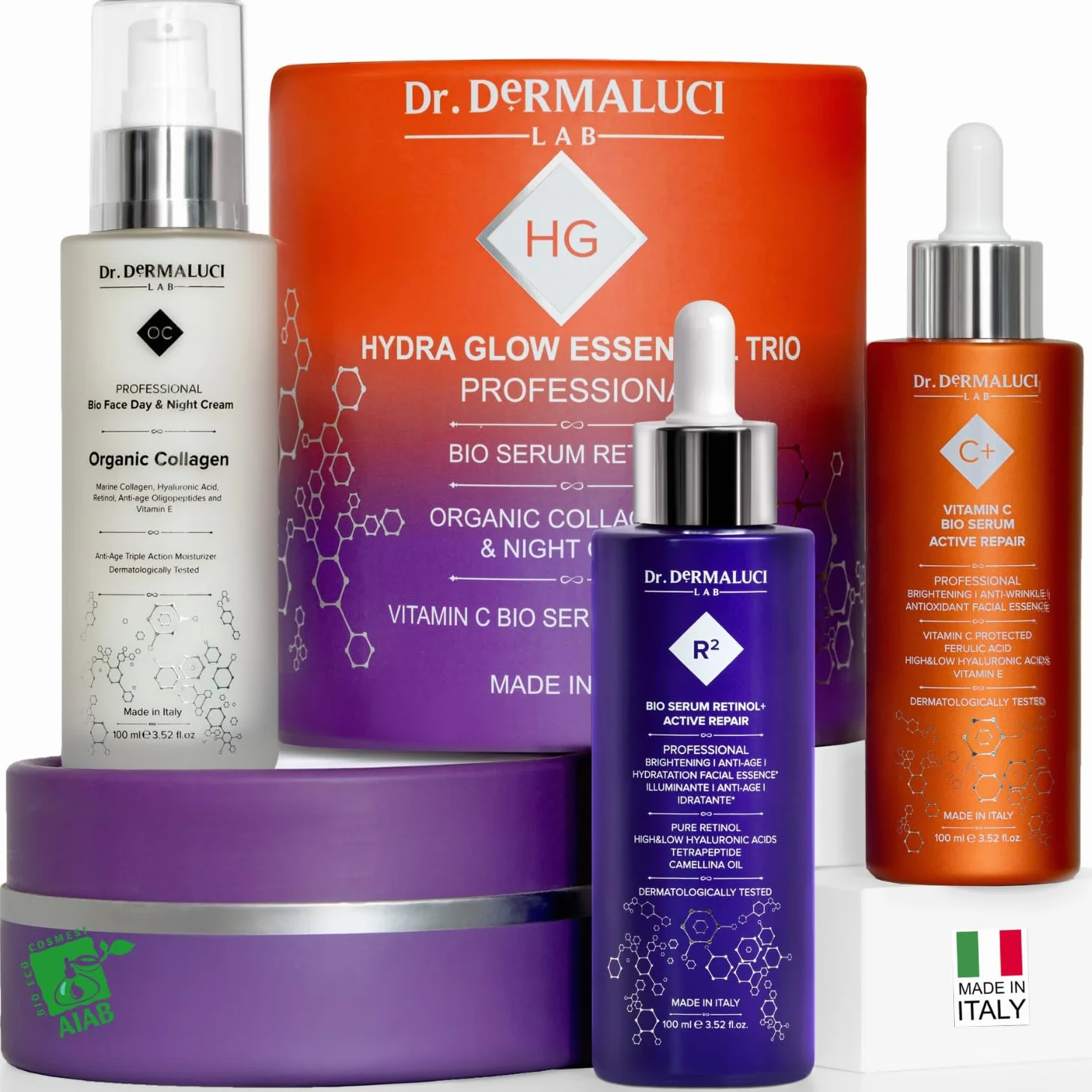 Dr. Dermaluci Lab Cofanetto Regalo Anti-Età Donna BIO - Routine Completa con Retinolo, Collagene & Vitamina C - 2 Sieri + Crema (3×100ml) - Per Pelli Sensibili, Nickel Tested, Made in Italy
