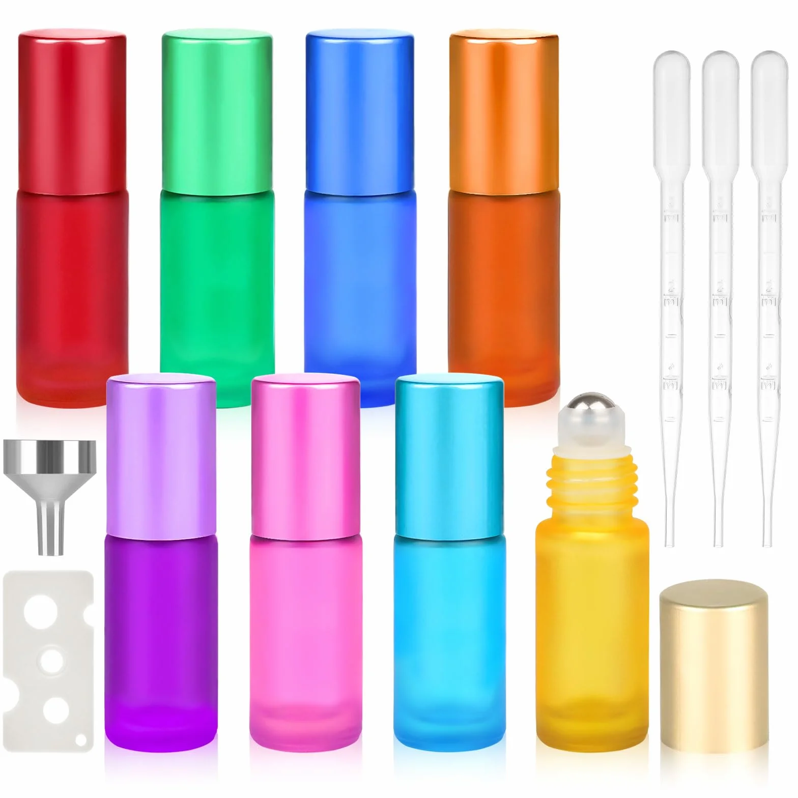 Roll on Bottiglie di vetro per olio essenziale, 8 colori Roll on Bottiglie vuote con sfera in acciaio inox, colorate Rollon Bottiglie con apertura, contagocce, imbuto per oli essenziali, profumi,