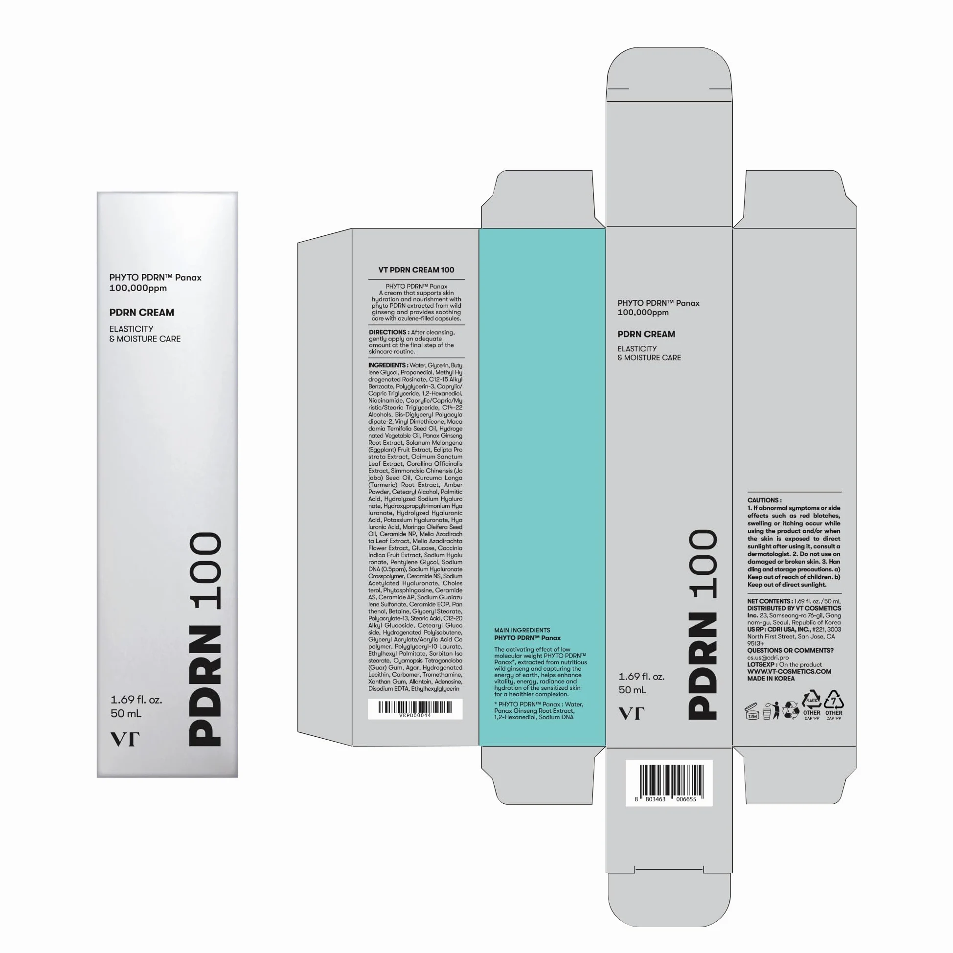 VT COSMETICS PDRN 100 Crema Viso Idratante, con Azulene, Non Profumata, per aiutare l’elasticità della pelle, 50ml, Uso Giorno e Notte, Formula Leggera e Non Grassa