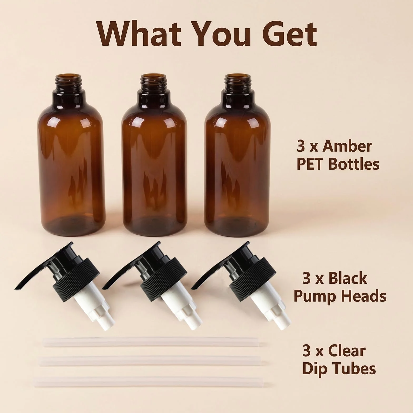 3 bottiglie ricaricabili in plastica PET marrone ambrata da 250 ml, con pompa nera, contenitori vuoti per cosmetici, shampoo, balsamo, gel doccia, lozioni, dispenser, Marrone, 250 ML